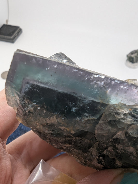 Flourite with diamond quartz - great zoning - purple to green to clear - y21