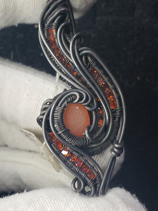 Banded Agate focal in Oxidized Copper Pendant - Zircon Facets