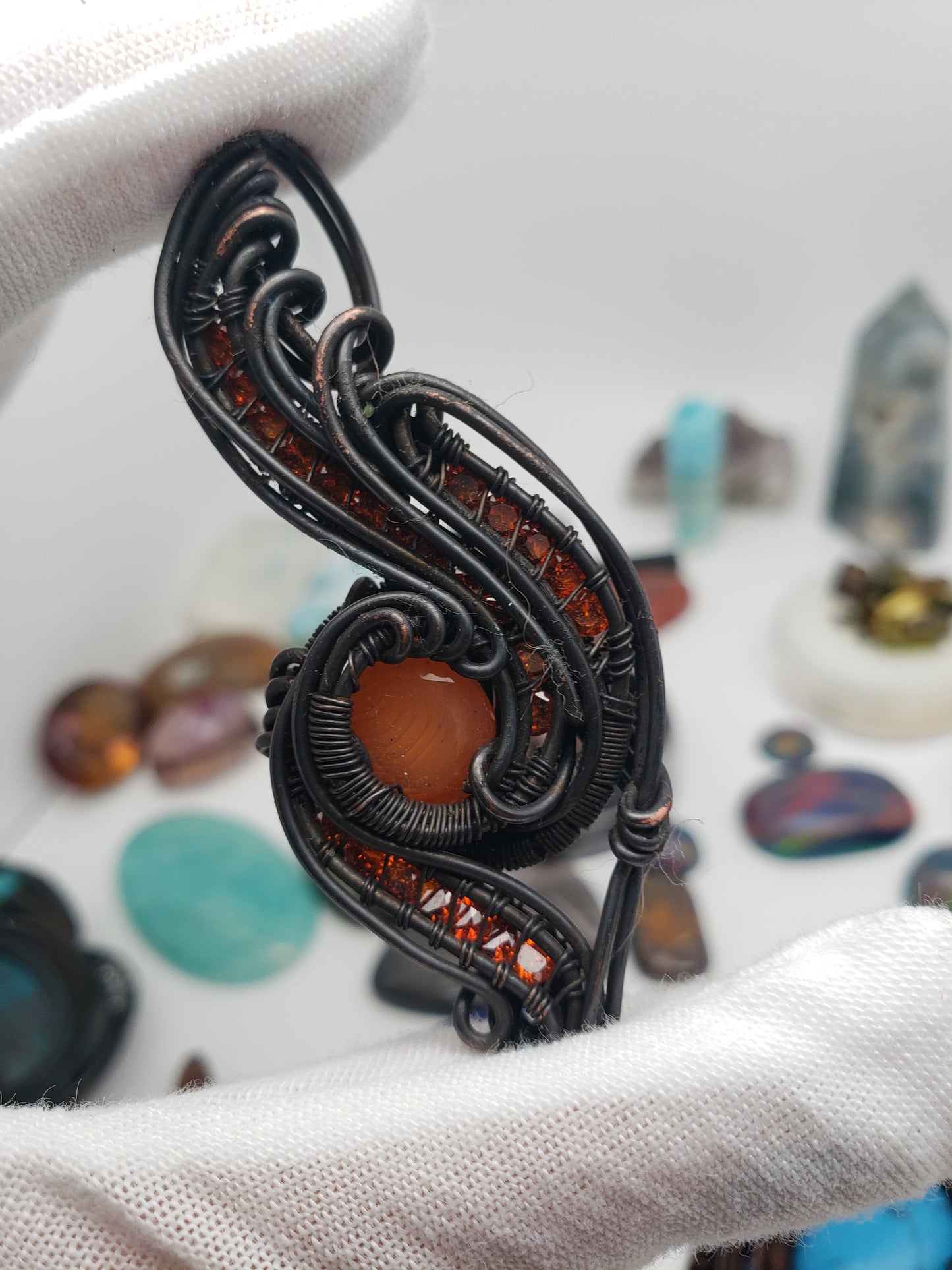 Banded Agate focal in Oxidized Copper Pendant - Zircon Facets