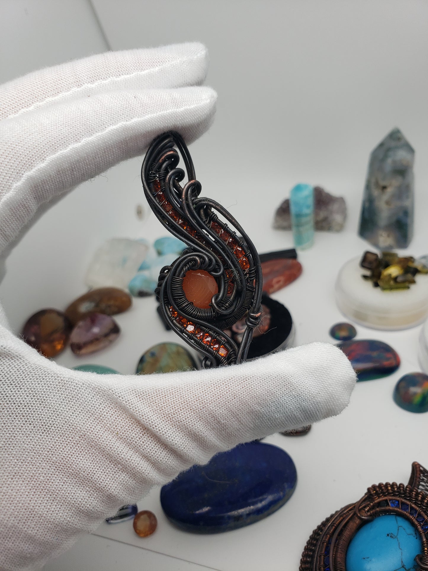 Banded Agate focal in Oxidized Copper Pendant - Zircon Facets