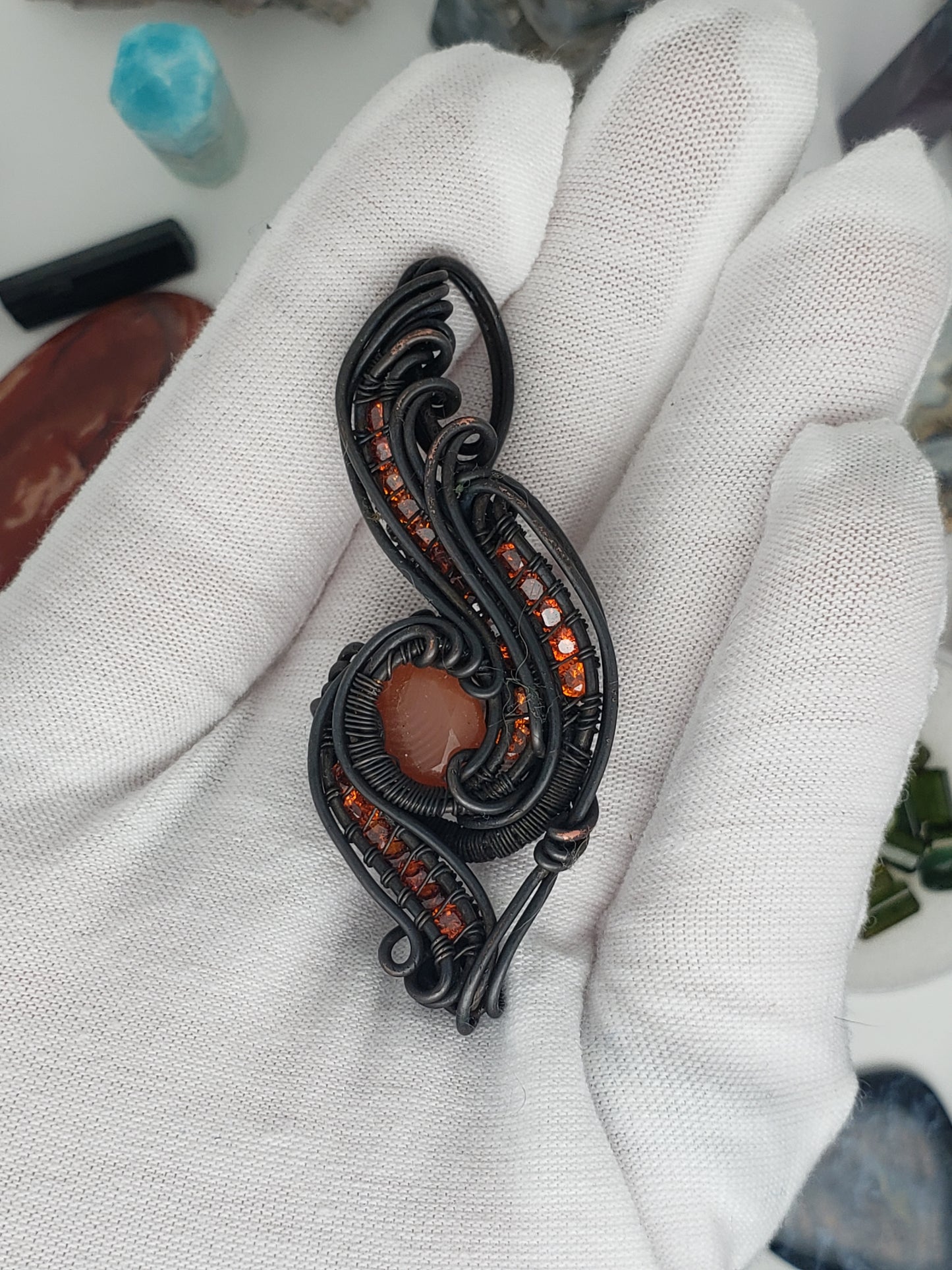 Banded Agate focal in Oxidized Copper Pendant - Zircon Facets