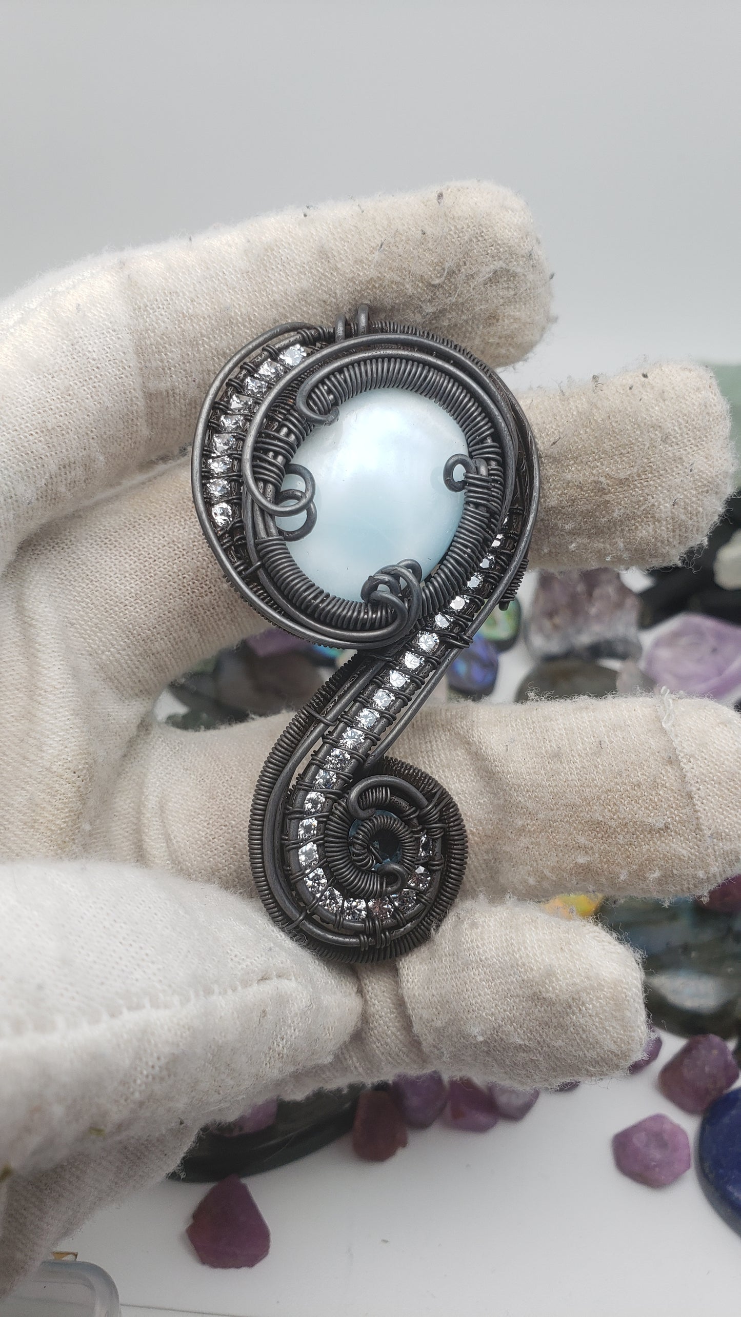 Larimar Cabochon Focal in Oxidized Copper - Wire Wrap Pendant