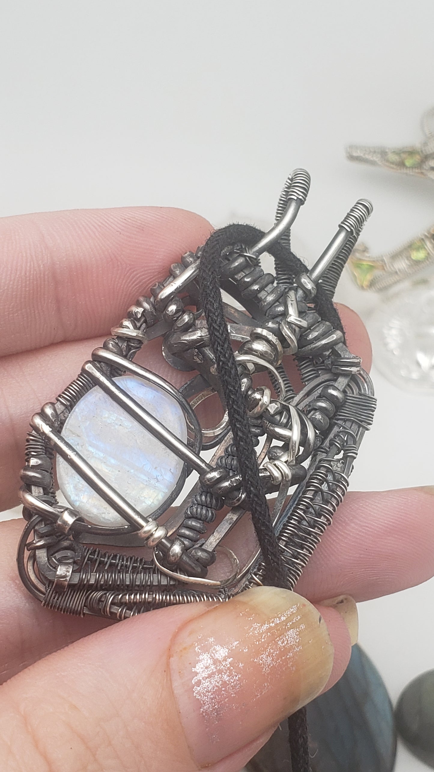 Rainbow Moonstone in Silver Wire Wrap Pendant