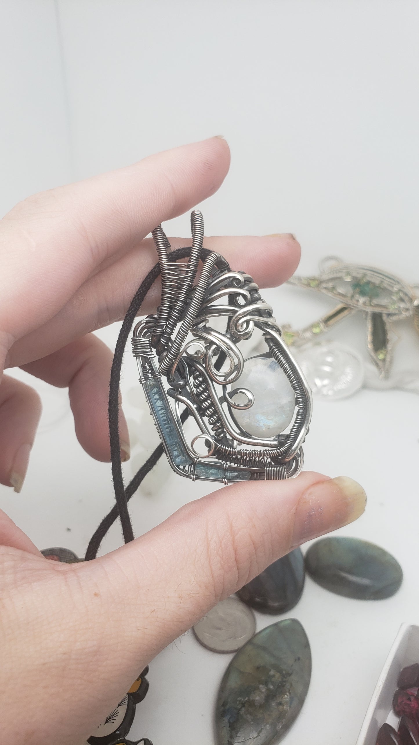 Rainbow Moonstone in Silver Wire Wrap Pendant