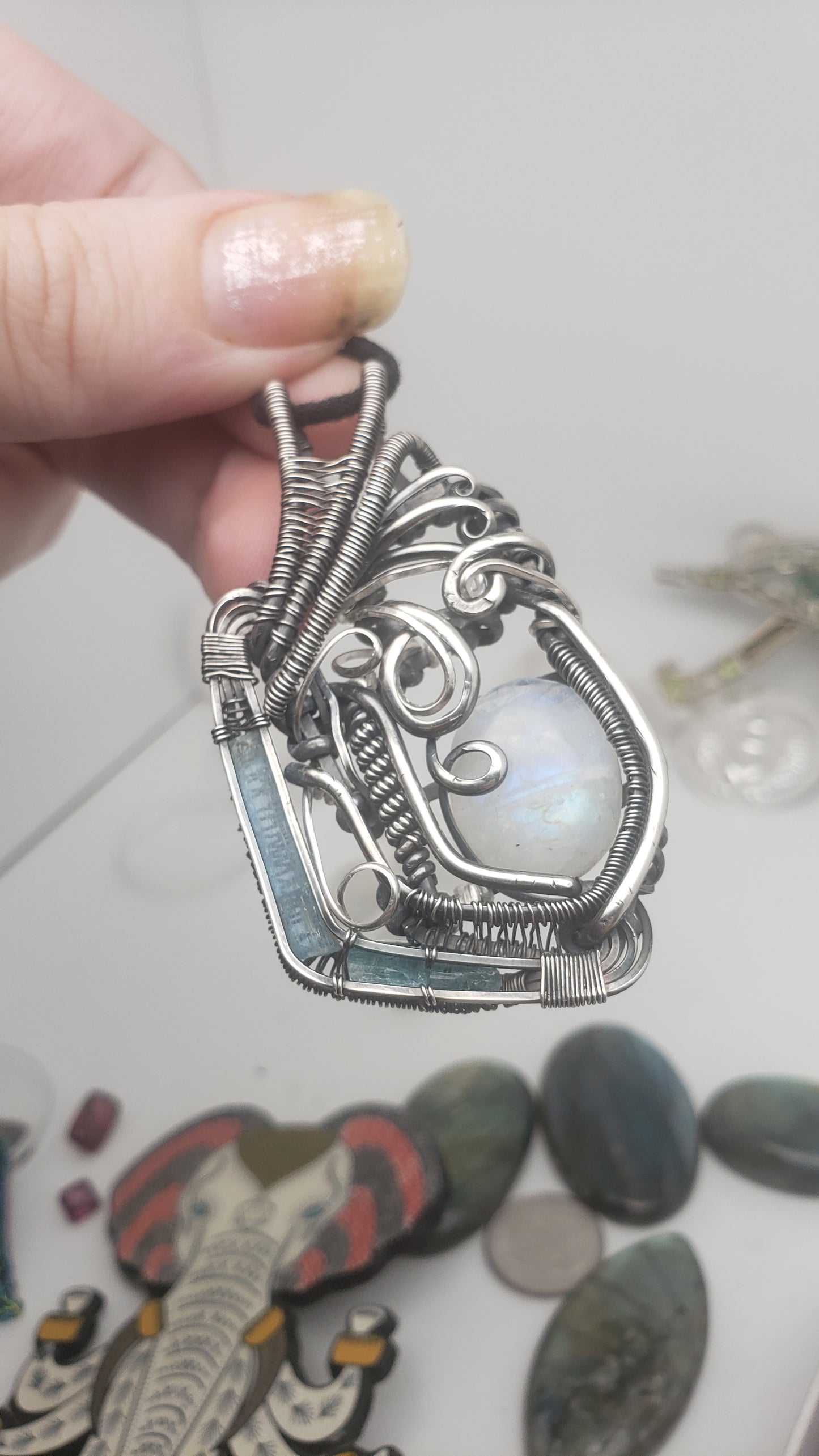 Rainbow Moonstone in Silver Wire Wrap Pendant