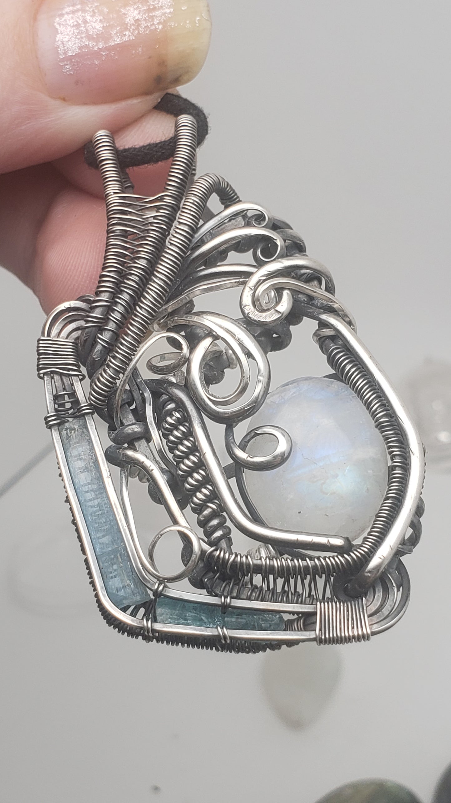 Rainbow Moonstone in Silver Wire Wrap Pendant