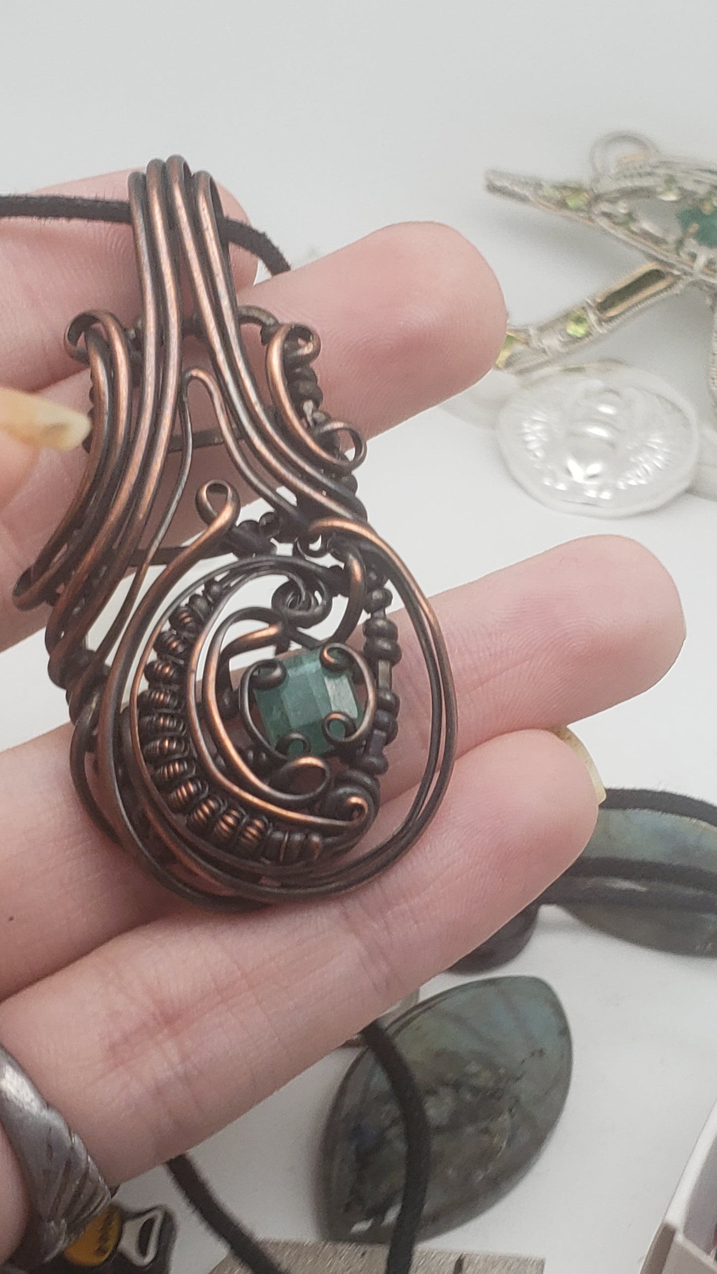 Natural Emerald Facet  in Copper Wire Wrap Pendant