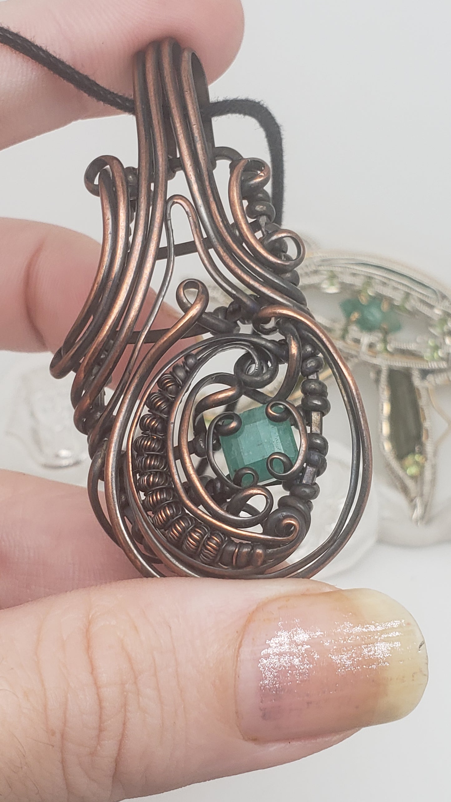 Natural Emerald Facet  in Copper Wire Wrap Pendant