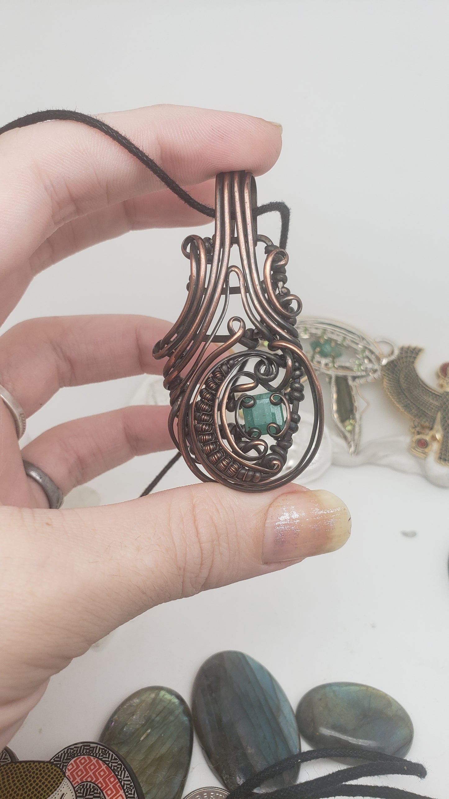 Natural Emerald Facet  in Copper Wire Wrap Pendant