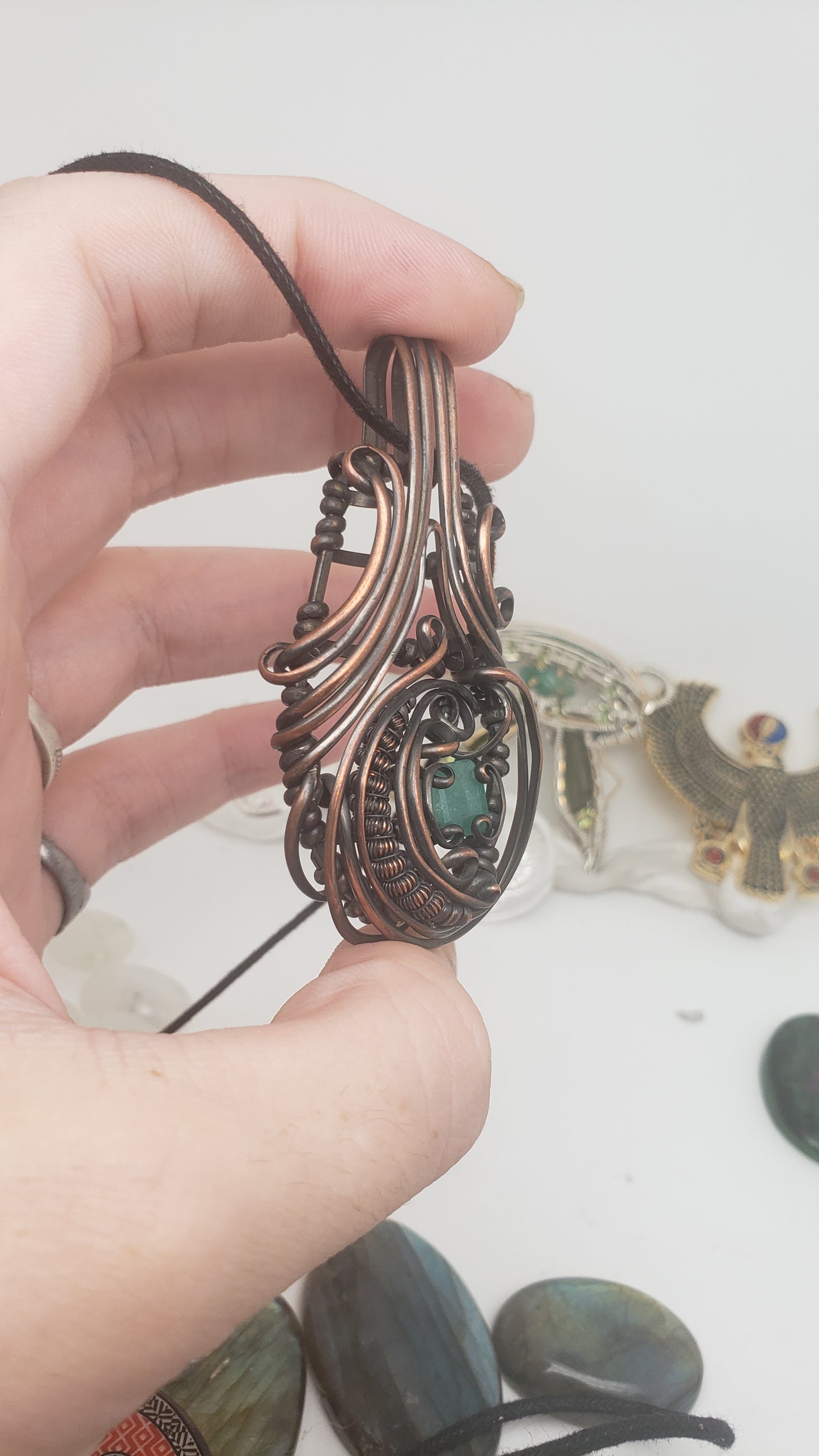 Natural Emerald Facet  in Copper Wire Wrap Pendant