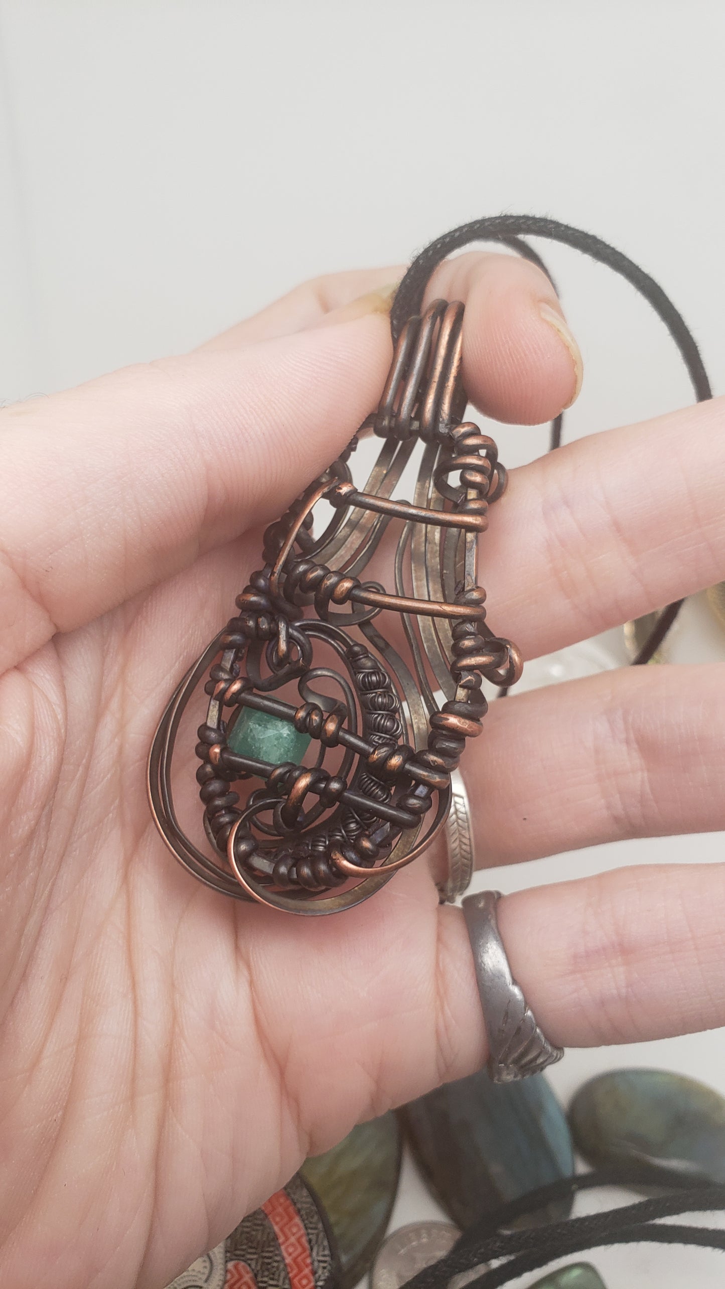 Natural Emerald Facet  in Copper Wire Wrap Pendant