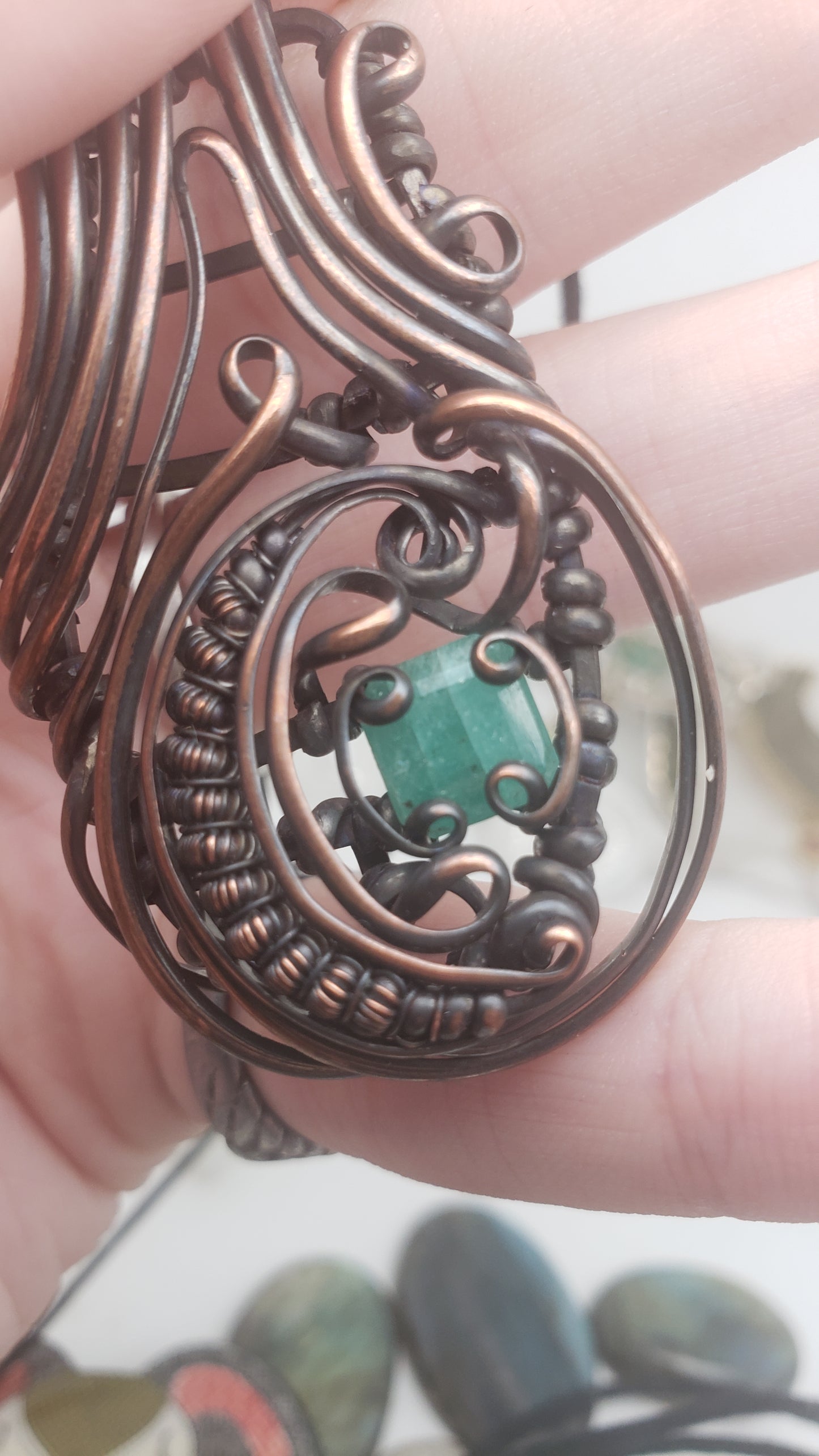 Natural Emerald Facet  in Copper Wire Wrap Pendant