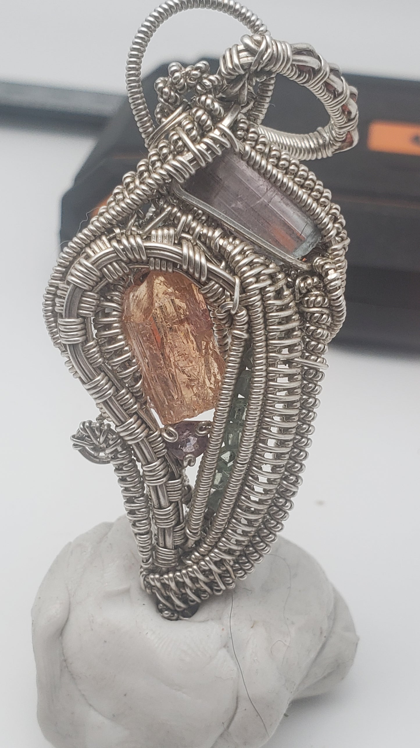 Imperial Topaz and Watermelon Tourmaline - Silver Wirewrap Pendant