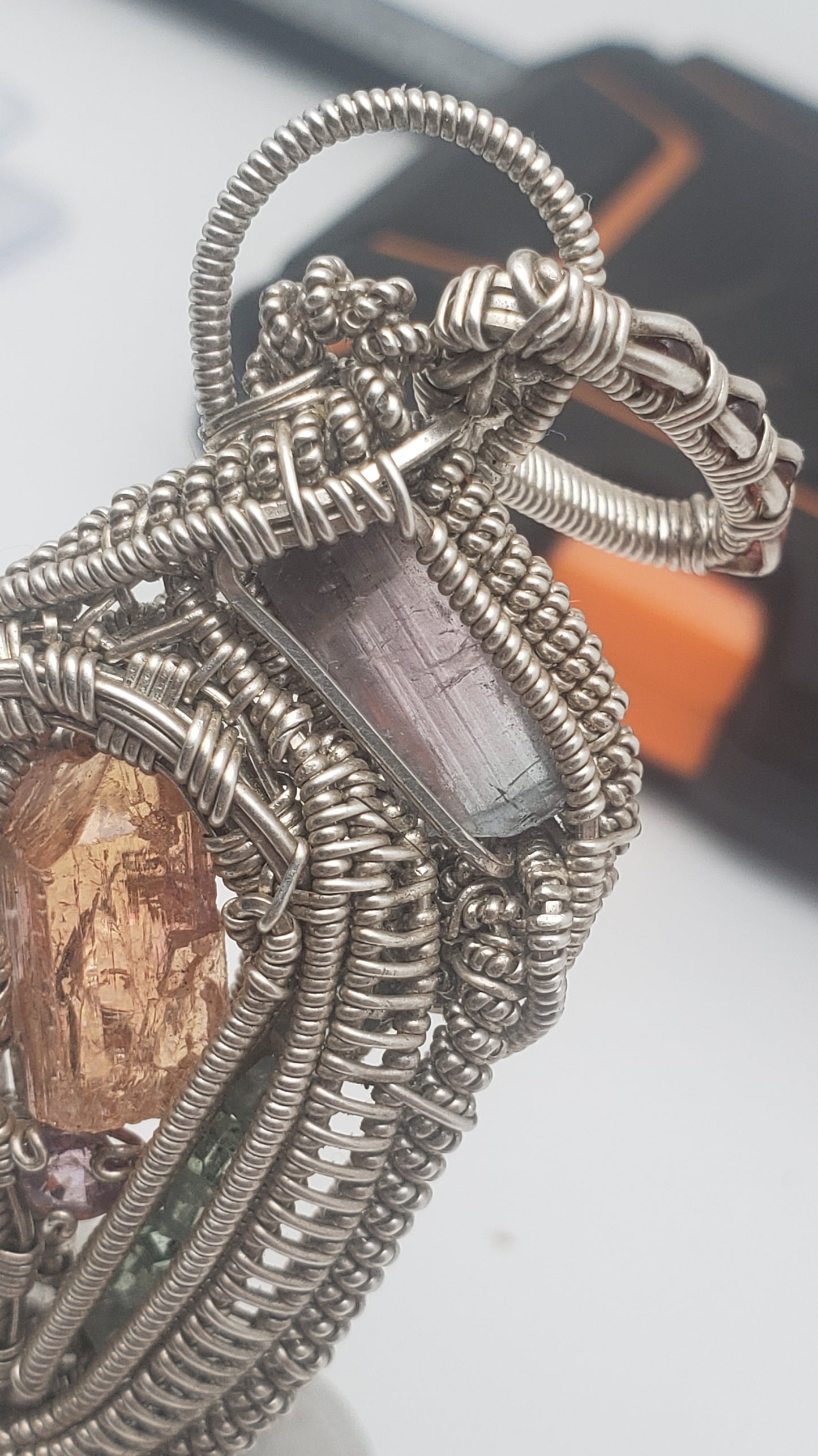 Imperial Topaz and Watermelon Tourmaline - Silver Wirewrap Pendant