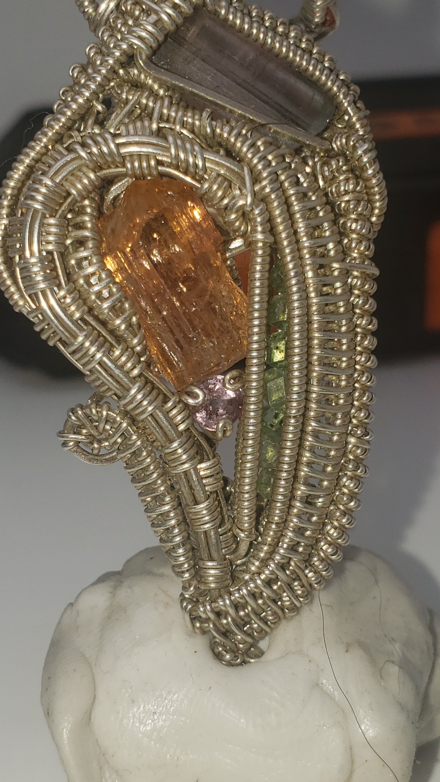 Imperial Topaz and Watermelon Tourmaline - Silver Wirewrap Pendant