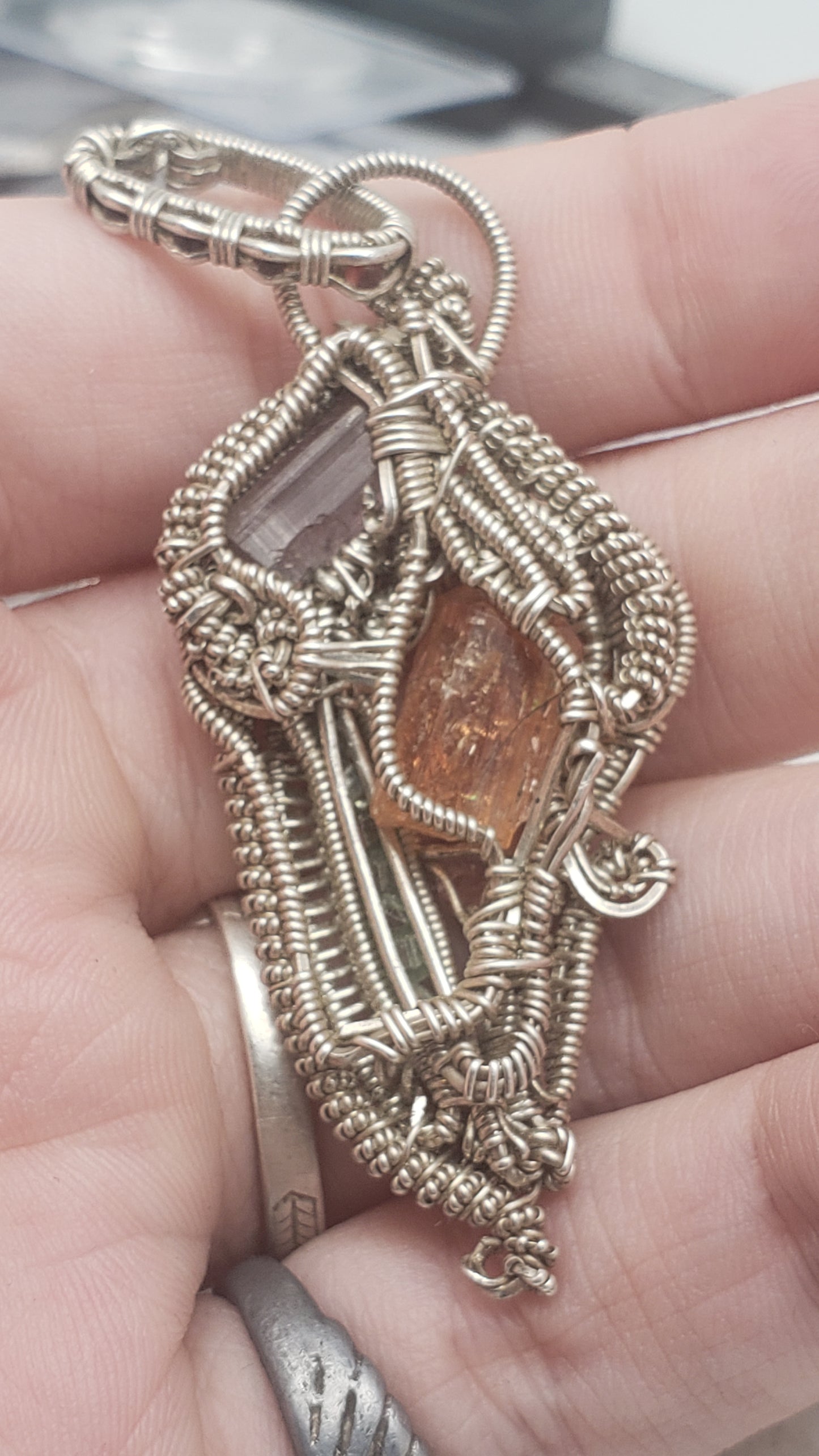 Imperial Topaz and Watermelon Tourmaline - Silver Wirewrap Pendant