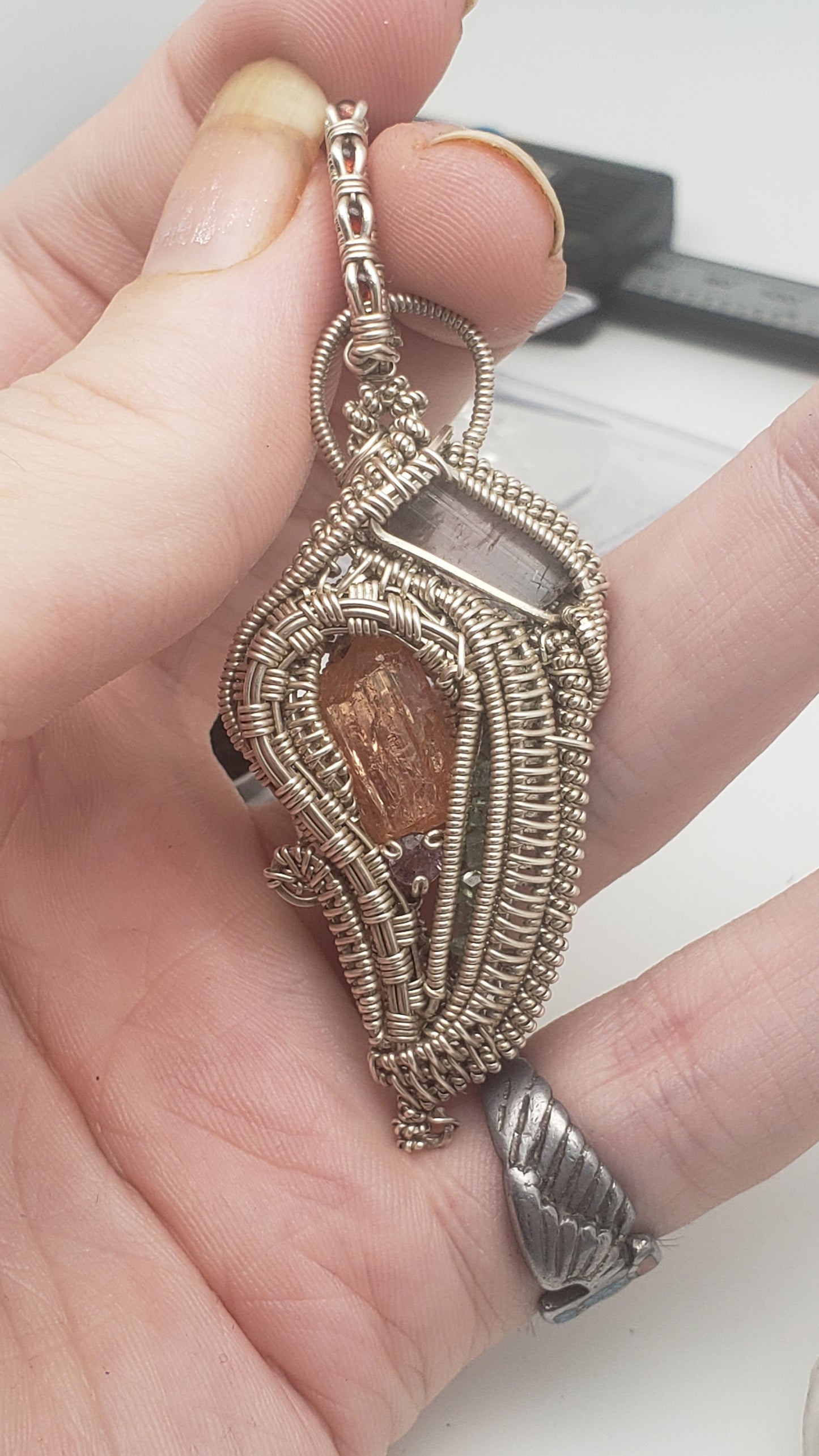 Imperial Topaz and Watermelon Tourmaline - Silver Wirewrap Pendant