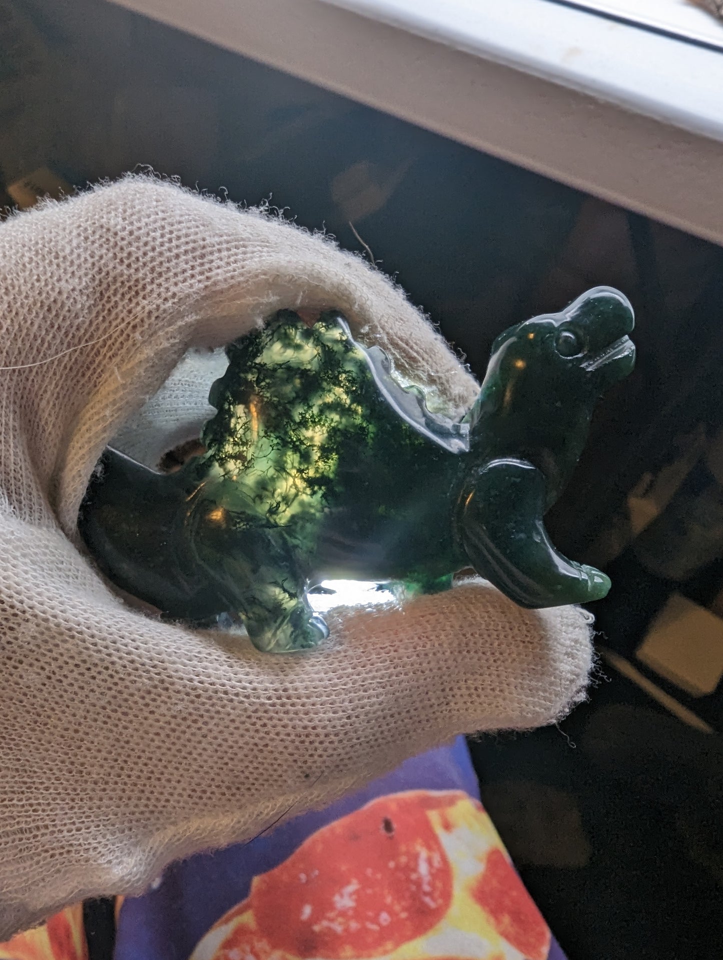 Moss Agate Dinosaur Carving