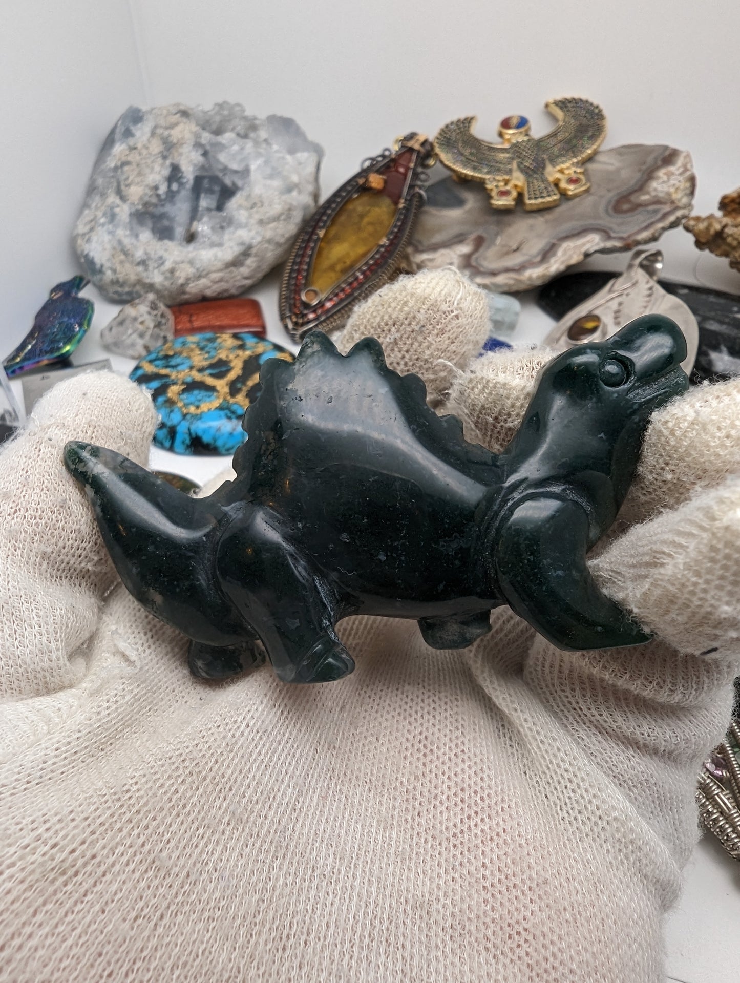 Moss Agate Dinosaur Carving