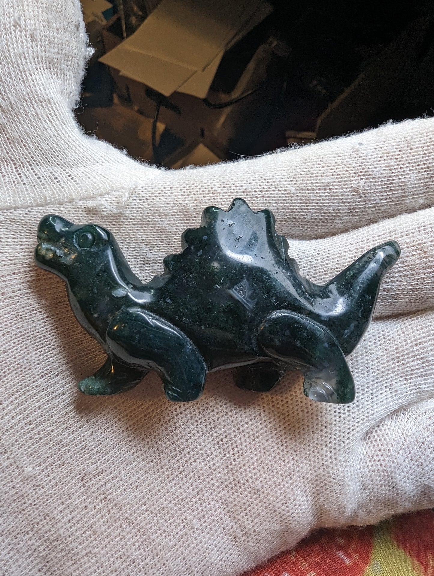 Moss Agate Dinosaur Carving