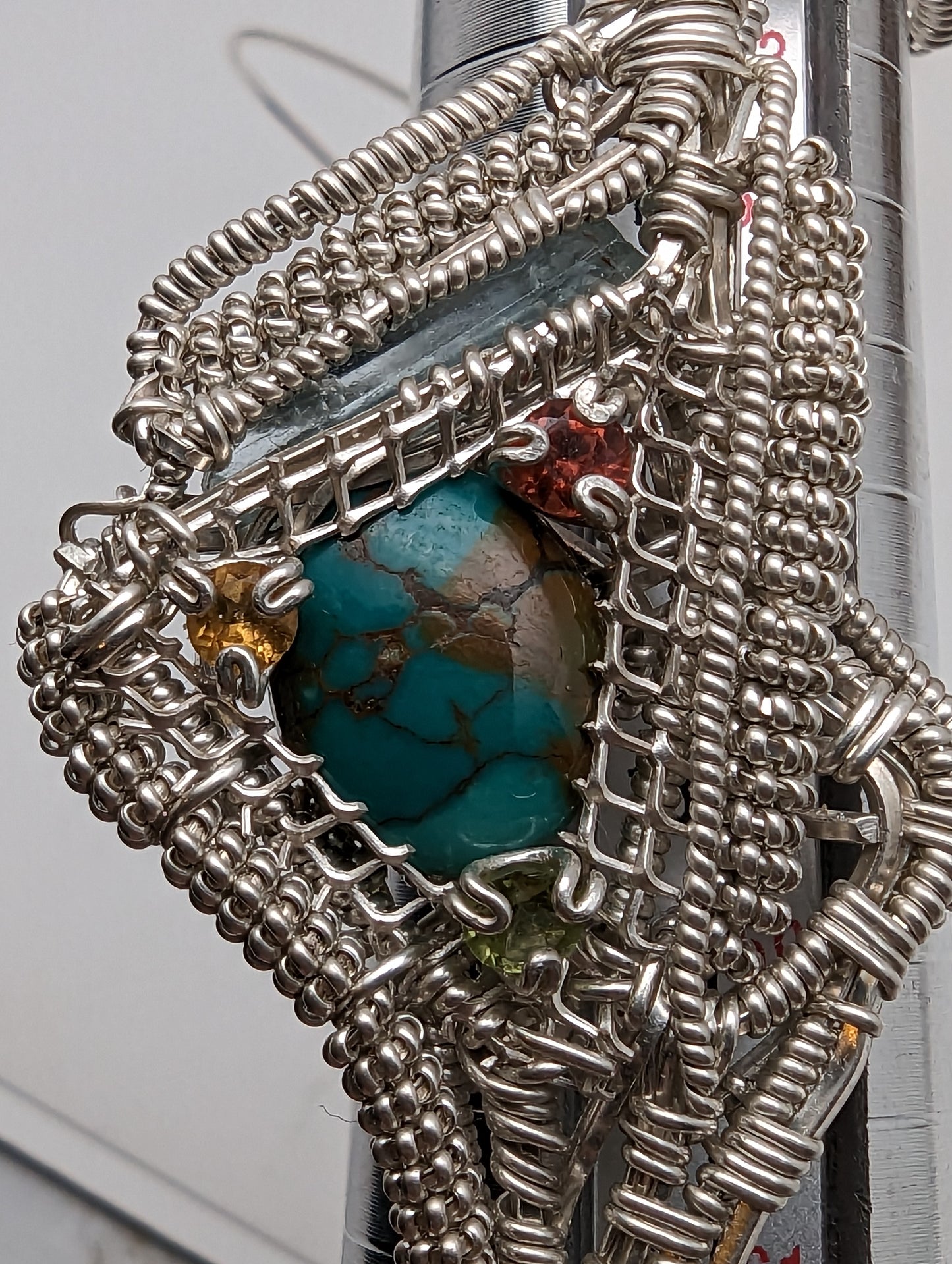 Turquoise and Rasta Color Facets "Dread Bead" Wire Wrap in Silver