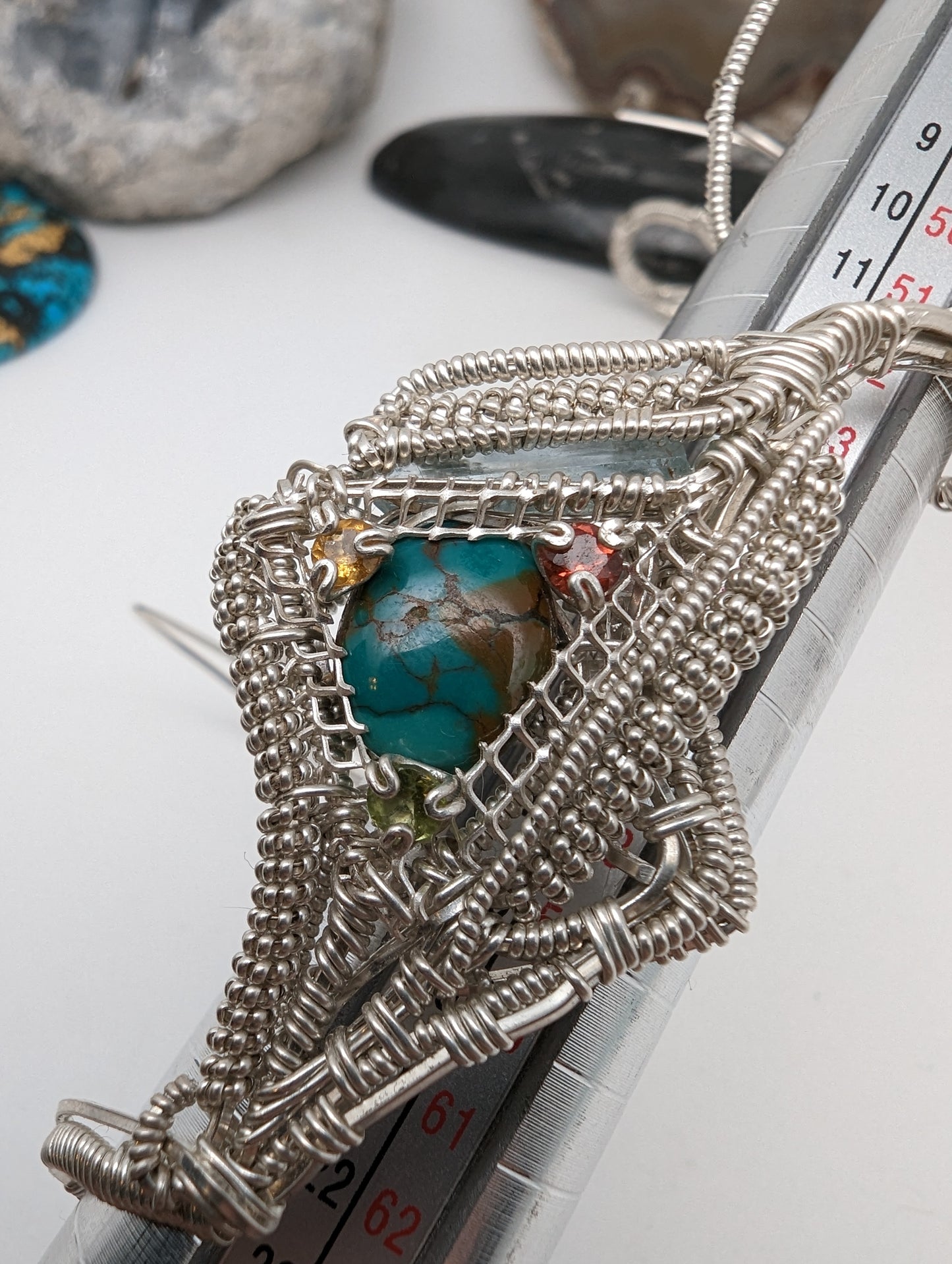 Turquoise and Rasta Color Facets "Dread Bead" Wire Wrap in Silver