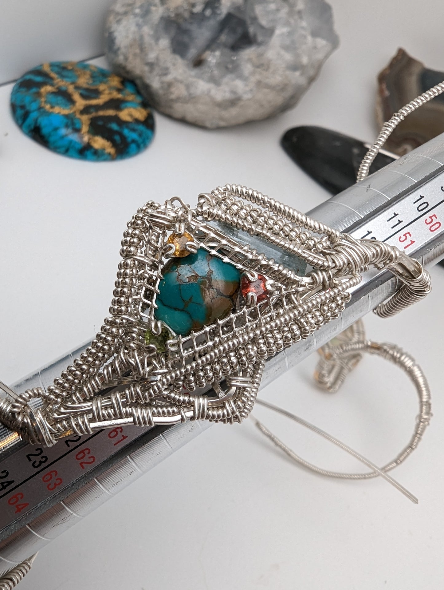 Turquoise and Rasta Color Facets "Dread Bead" Wire Wrap in Silver