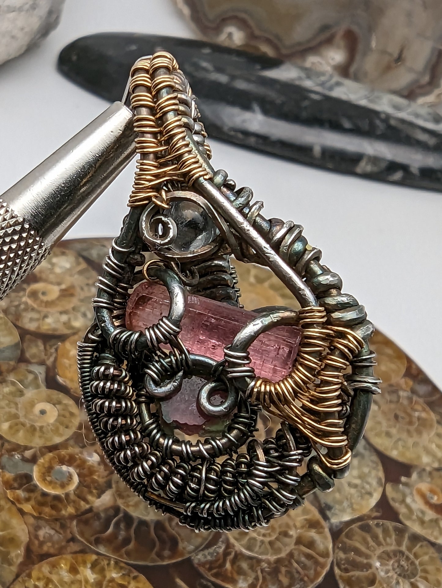 Pink / Watermelon Tourmaline in Oxidixed Silver and Goldfill