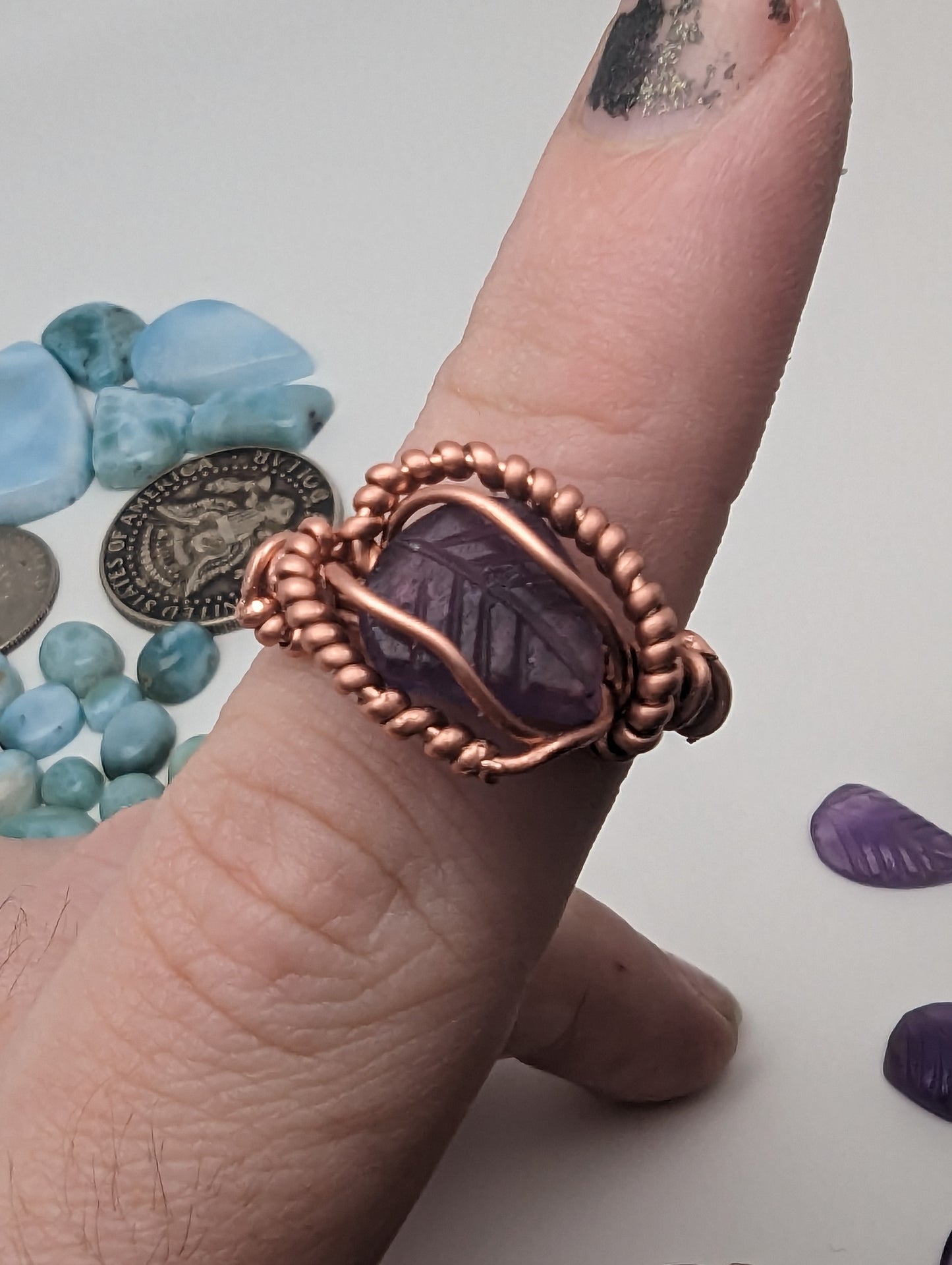 Amethyst Leaf in Copper - Wire Wrap Ring (s:6)