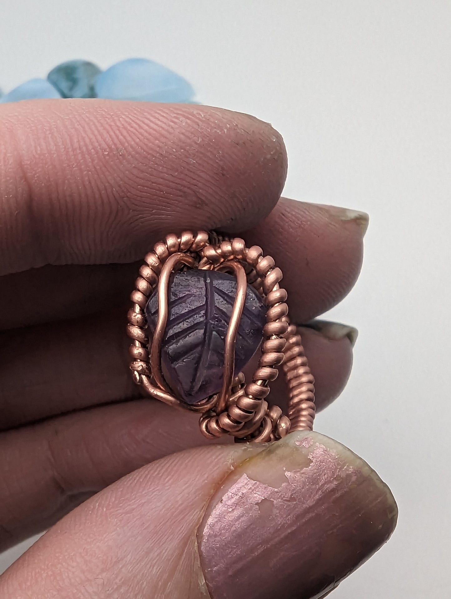 Amethyst Leaf in Copper - Wire Wrap Ring (s:6)