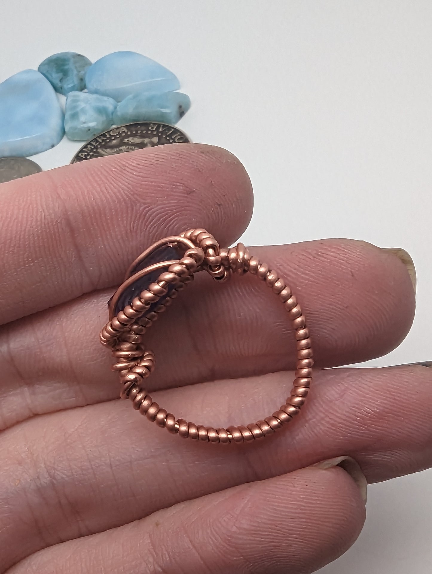 Amethyst Leaf in Copper - Wire Wrap Ring (s:6)