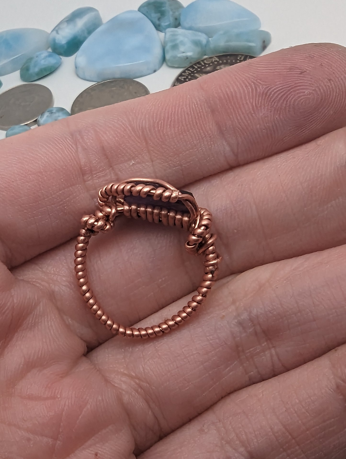 Amethyst Leaf in Copper - Wire Wrap Ring (s:6)