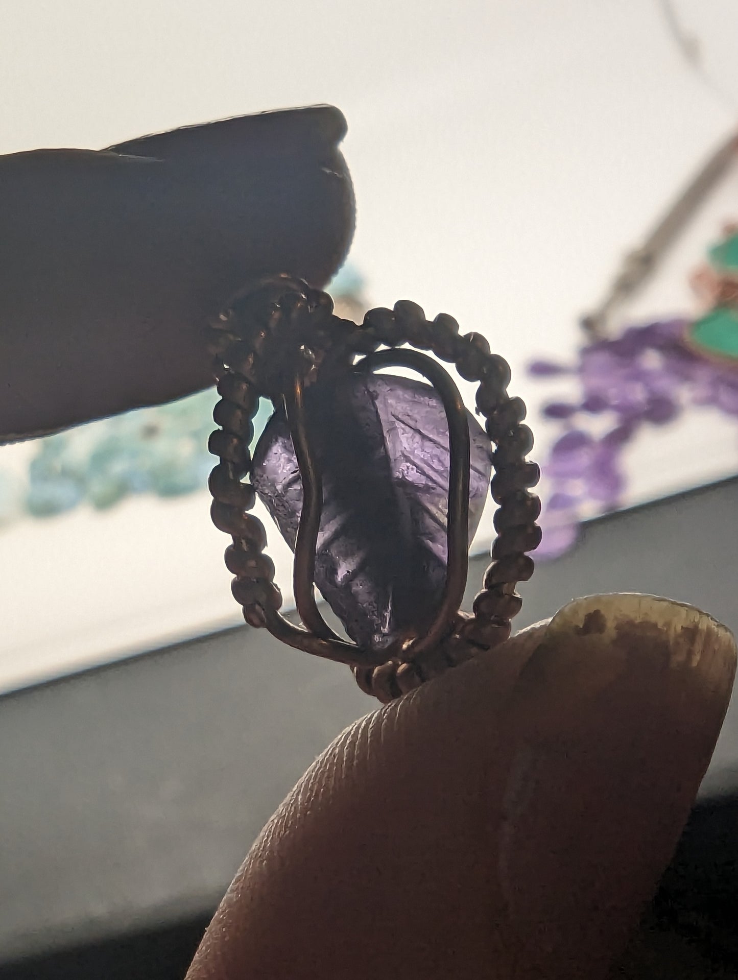 Amethyst Leaf in Copper - Wire Wrap Ring (s:6)