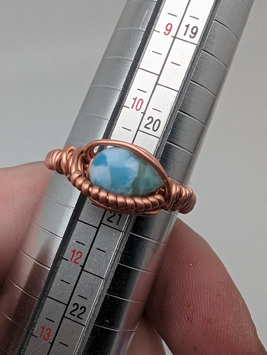 Larimar Pear in Copper - Wire Wrap Ring (s:11)