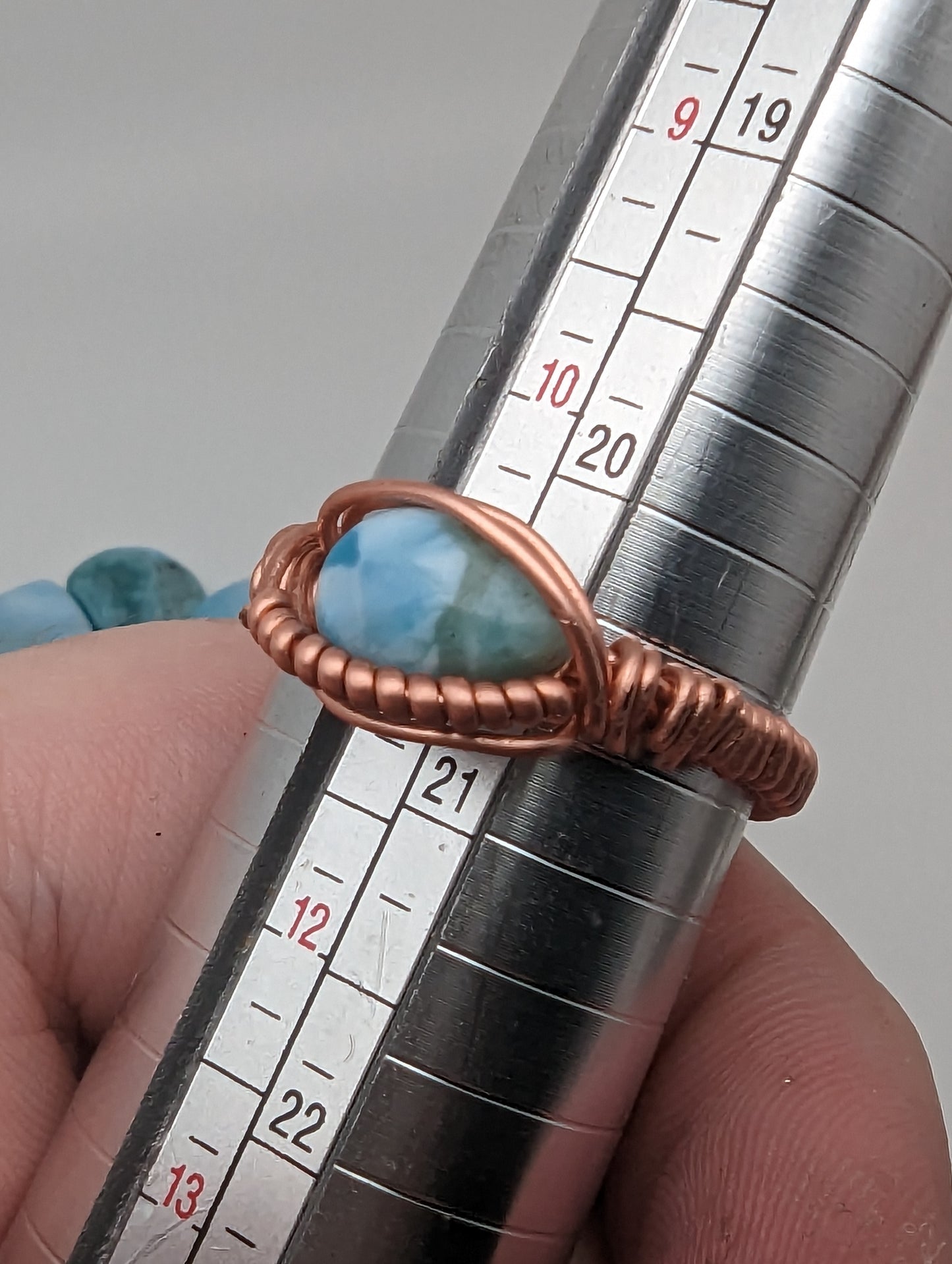 Larimar Pear in Copper - Wire Wrap Ring (s:11)