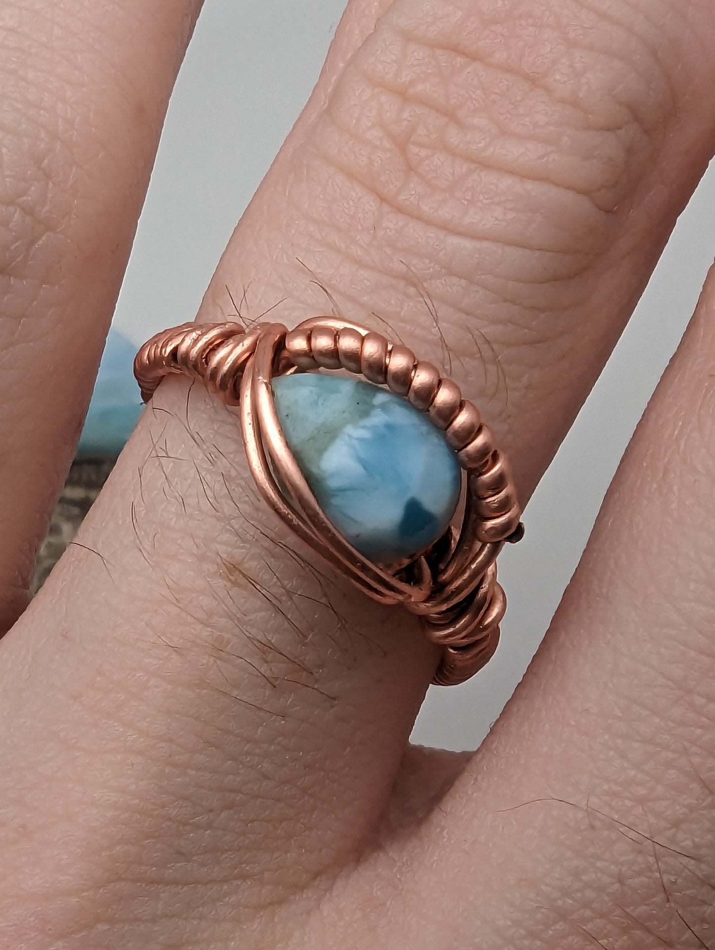 Larimar Pear in Copper - Wire Wrap Ring (s:11)