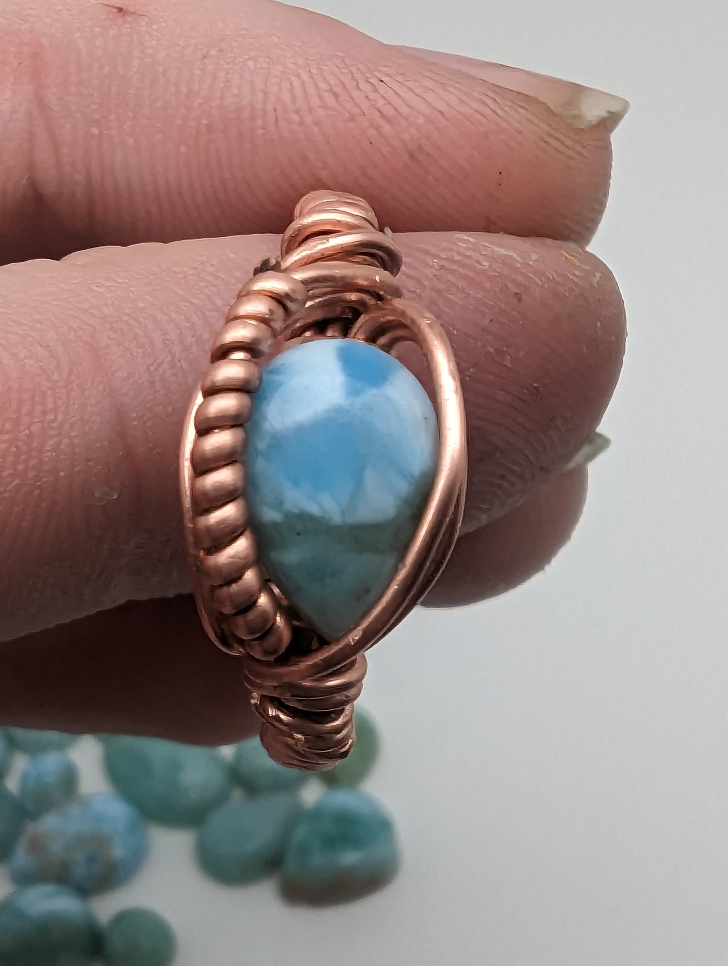 Larimar Pear in Copper - Wire Wrap Ring (s:11)