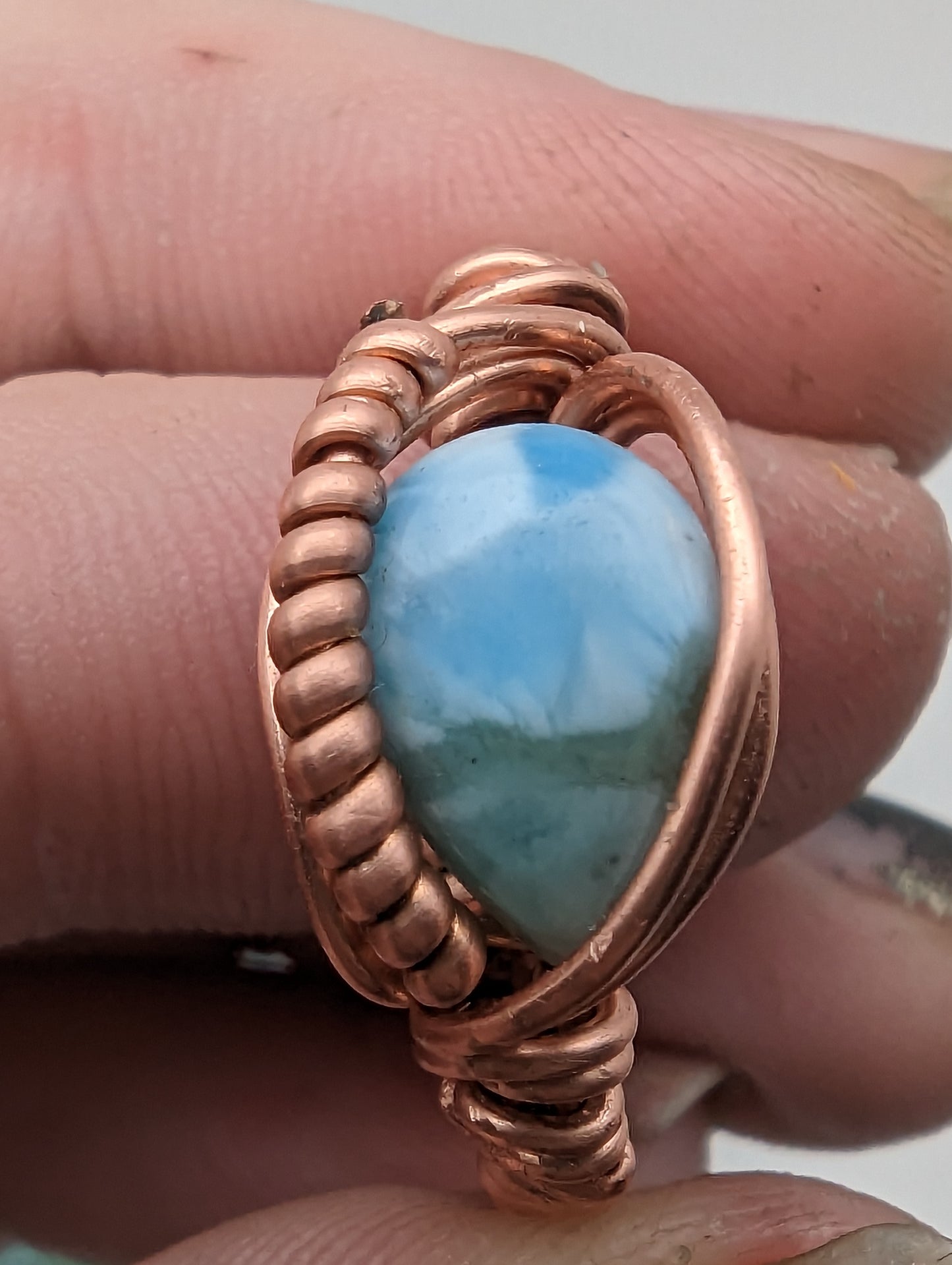 Larimar Pear in Copper - Wire Wrap Ring (s:11)