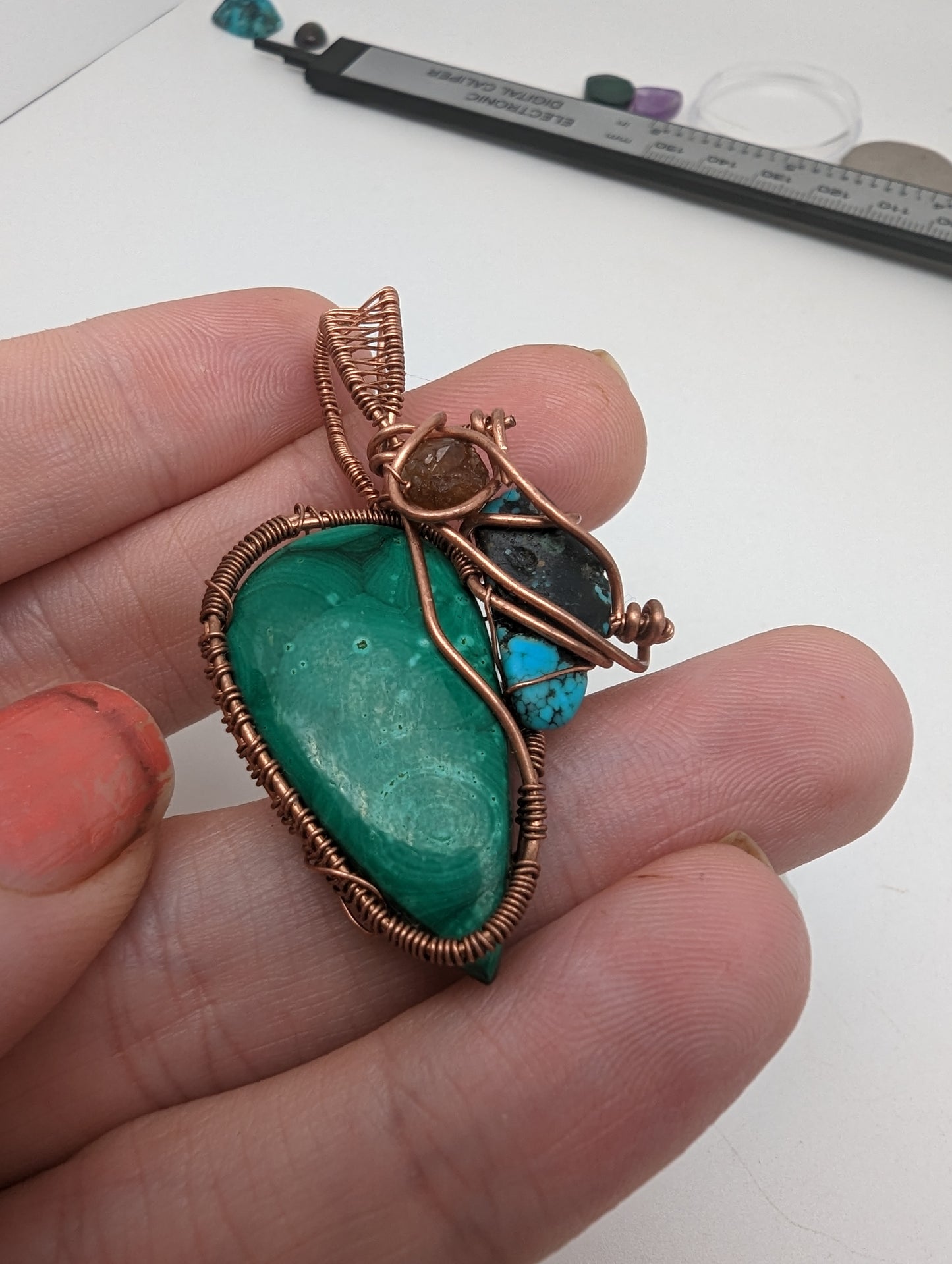 Malachite, Turquiose, and Garnet in Copper - Wire Wrap Pendant