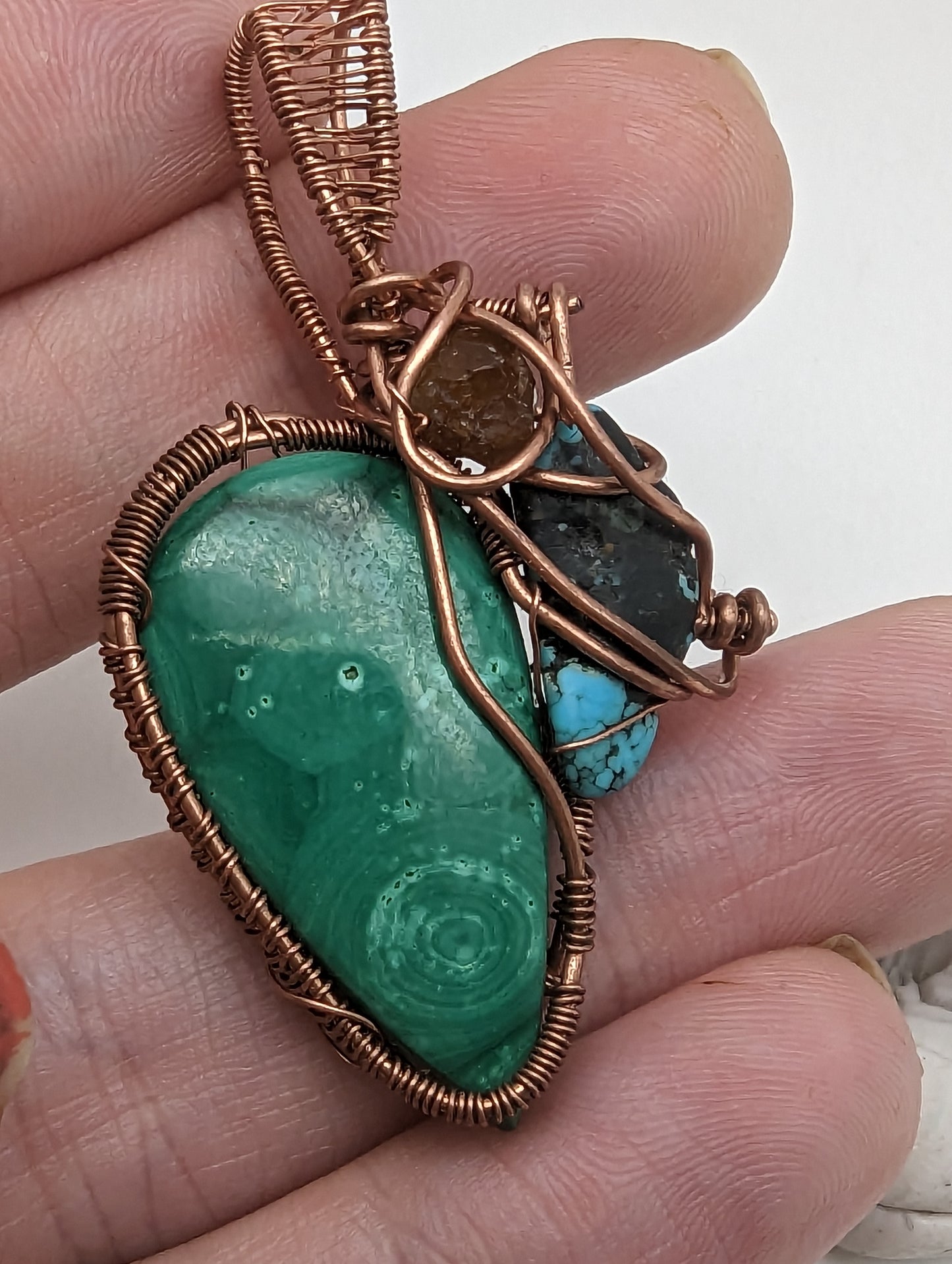 Malachite, Turquiose, and Garnet in Copper - Wire Wrap Pendant