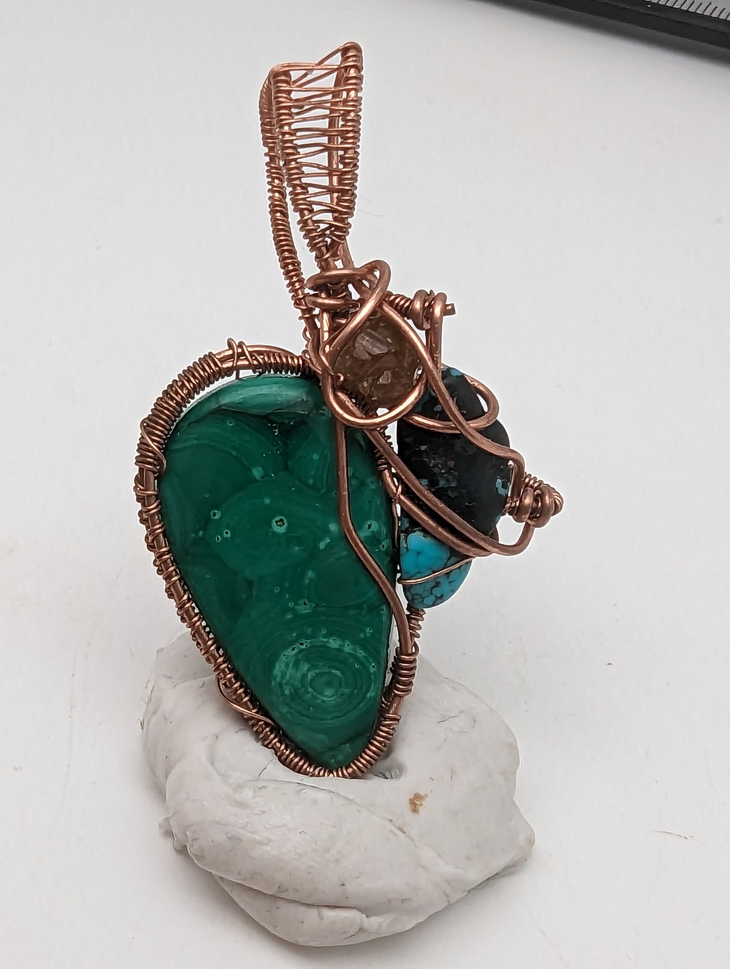 Malachite, Turquiose, and Garnet in Copper - Wire Wrap Pendant