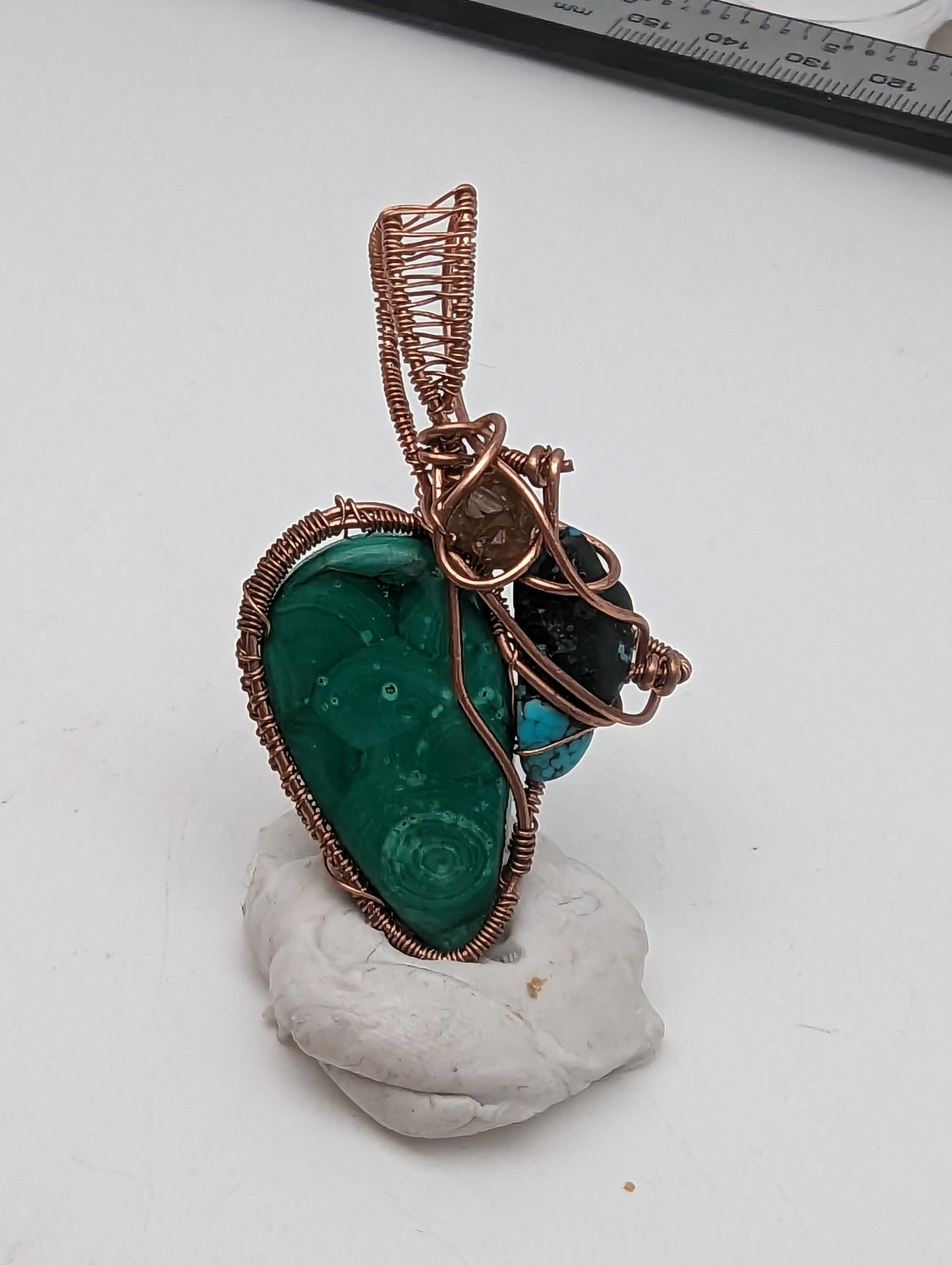 Malachite, Turquiose, and Garnet in Copper - Wire Wrap Pendant