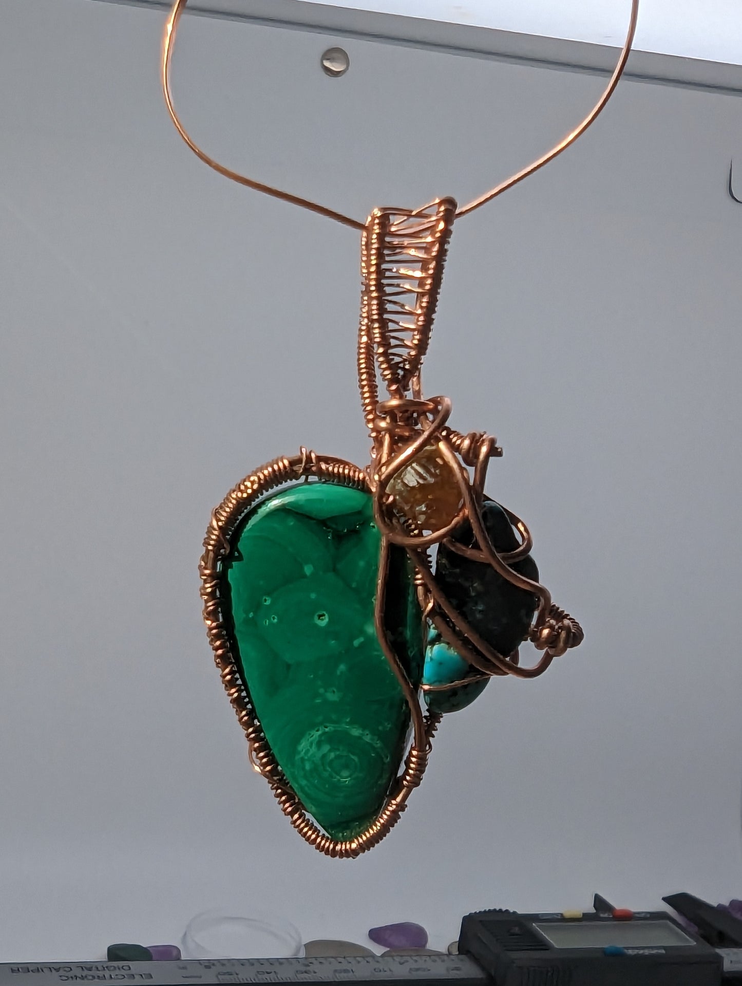 Malachite, Turquiose, and Garnet in Copper - Wire Wrap Pendant