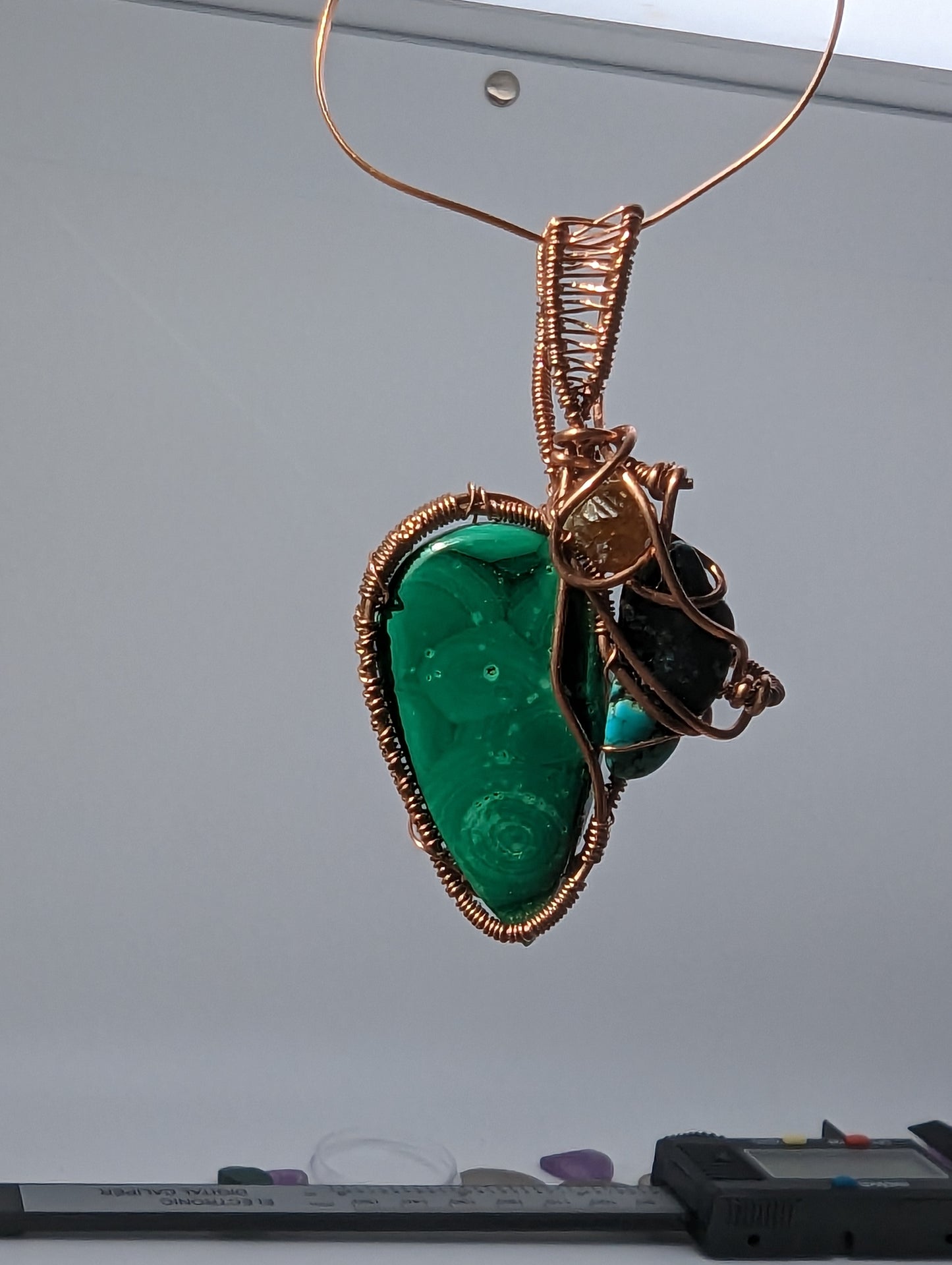 Malachite, Turquiose, and Garnet in Copper - Wire Wrap Pendant