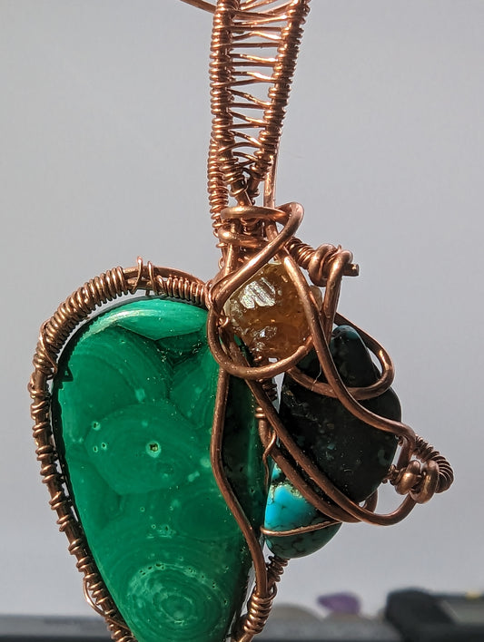 Malachite, Turquiose, and Garnet in Copper - Wire Wrap Pendant