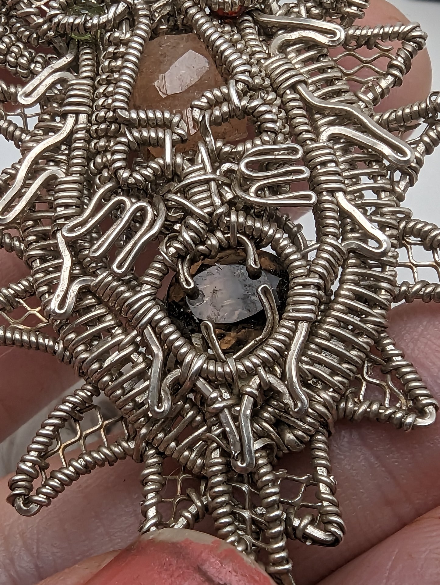 Etched Hessonite Focal Tiki Lion Head - Silver Wirewrap Pendant