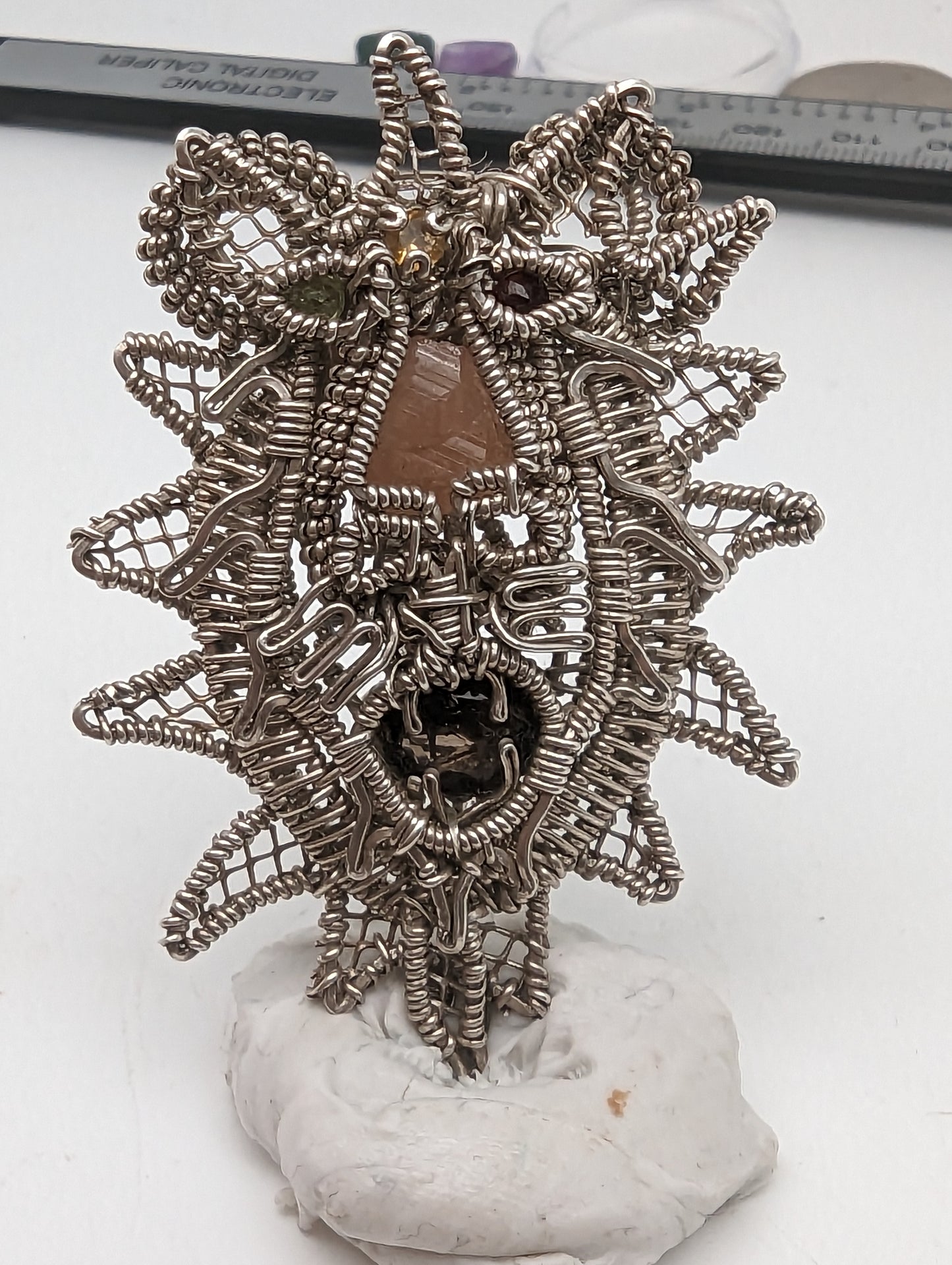 Etched Hessonite Focal Tiki Lion Head - Silver Wirewrap Pendant