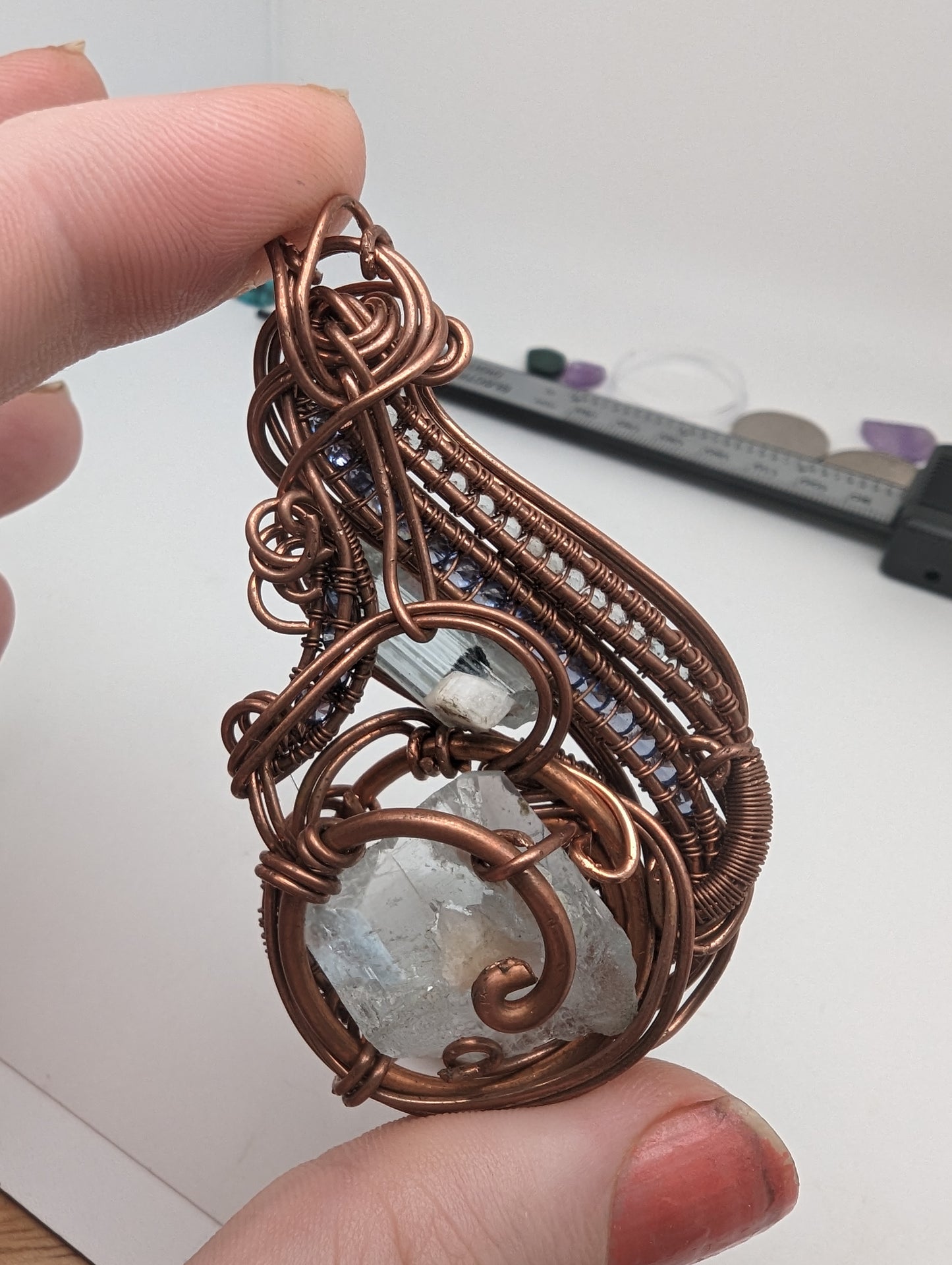 Aquamarine on Aquamarine -  Copper Wire Wrap Pendant