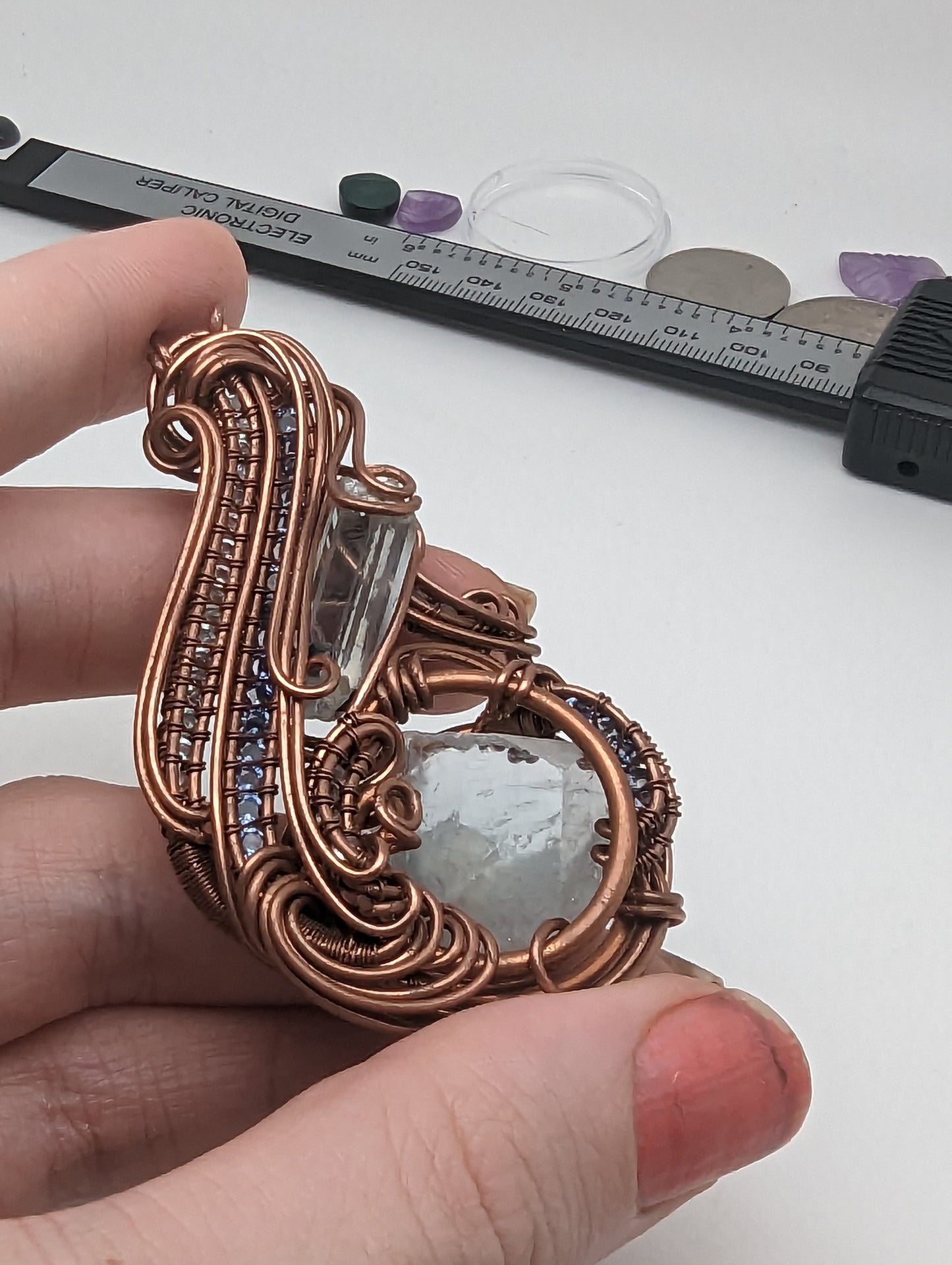 Aquamarine on Aquamarine -  Copper Wire Wrap Pendant