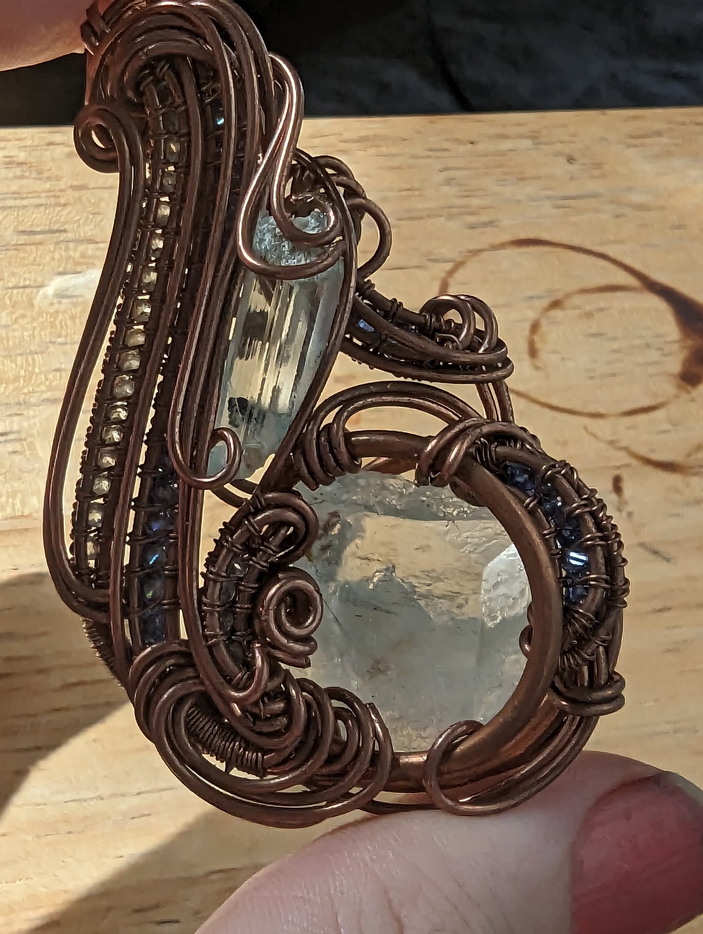 Aquamarine on Aquamarine -  Copper Wire Wrap Pendant